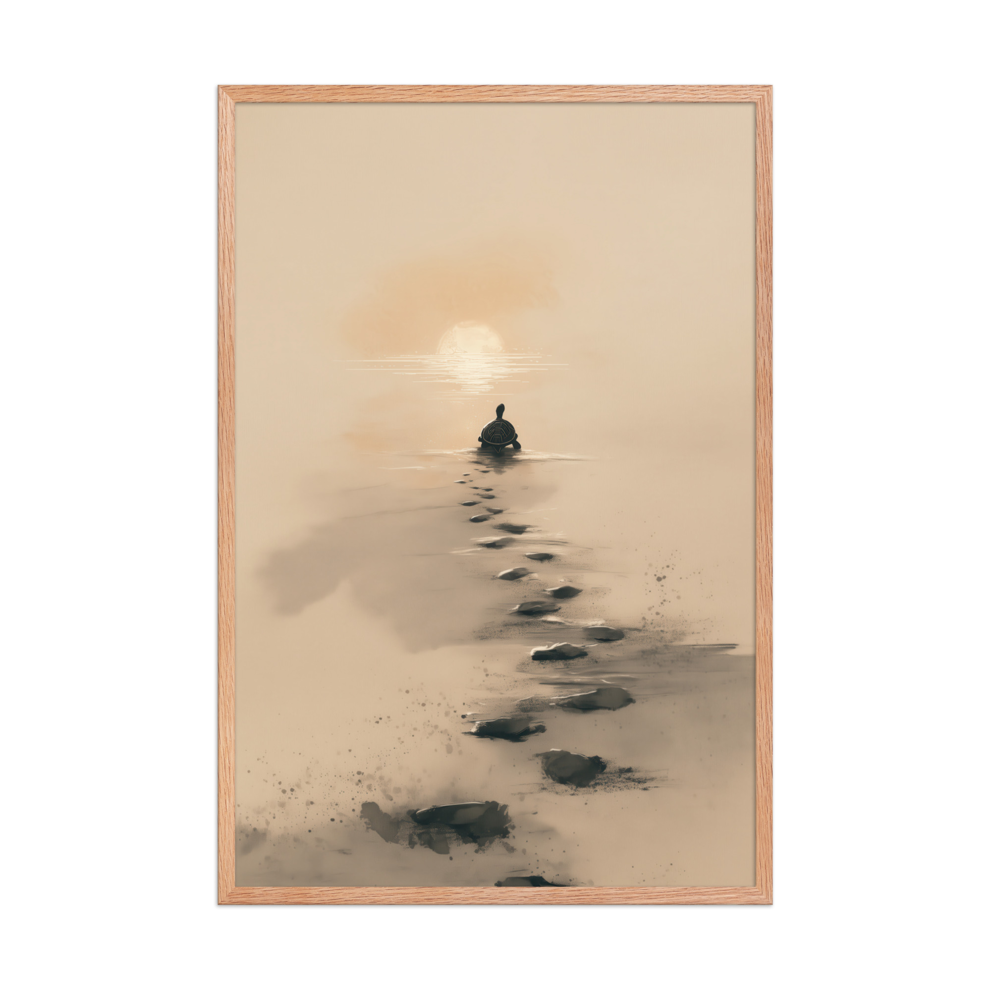 enhanced-matte-paper-framed-poster-in-red-oak-24x36-front-68f8a9c685b97.jpg Turtle Sunset Path — Minimalist Japandi Turtle with Footprints Beach Sunset Wall Decor — Framed Poster - Image 16