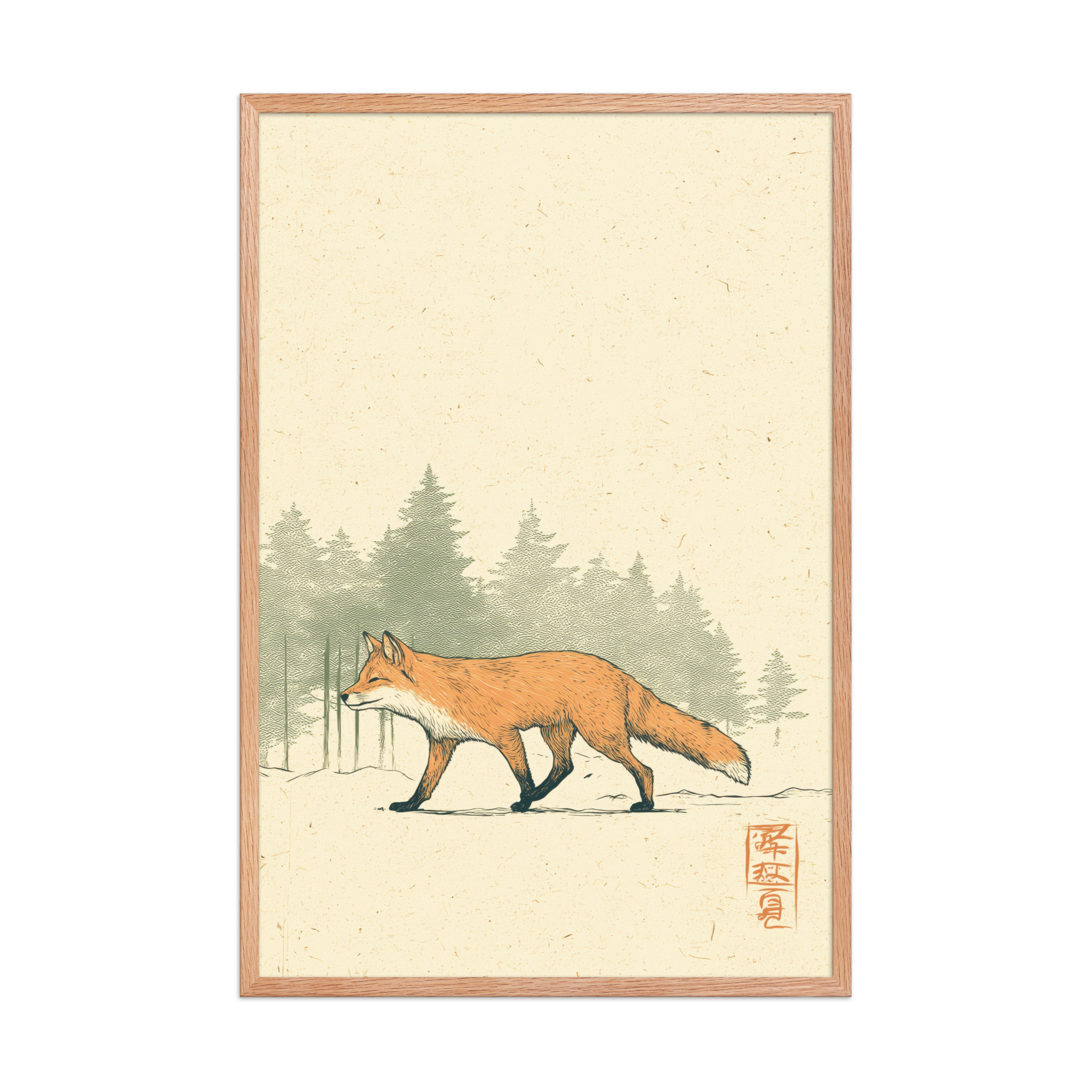 enhanced-matte-paper-framed-poster-in-red-oak-24x36-front-68f9031fd03cd.jpg Fox in Pines — Red Fox Illustration on Textured Paper Wall Decor — Framed Poster - Image 16