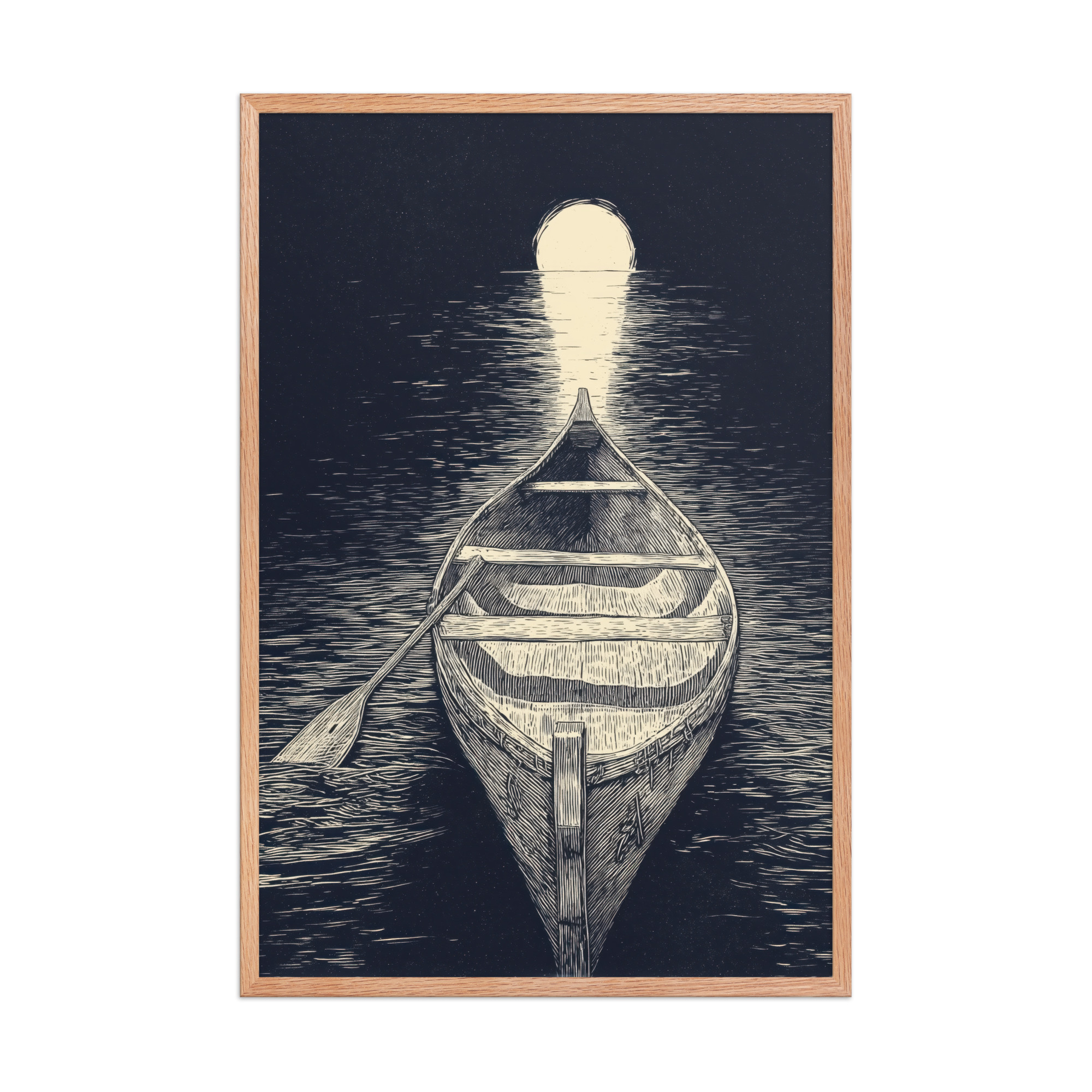 enhanced-matte-paper-framed-poster-in-red-oak-24x36-front-68f9cc5aaaa8d.jpg Moonlit Canoe — Woodcut Night Lake Wall Art — Framed Poster - Image 10