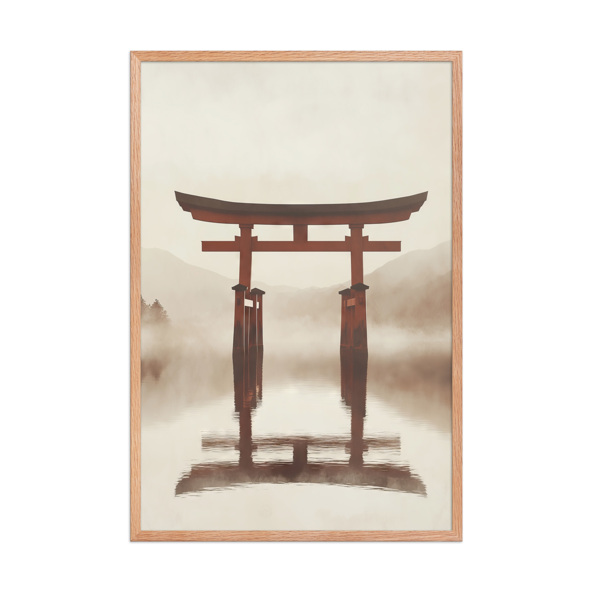 enhanced-matte-paper-framed-poster-in-red-oak-24x36-front-68f9cfe671577.jpg Torii Reflections — Minimal Misty Lake Wall Art — Framed Poster - Image 16