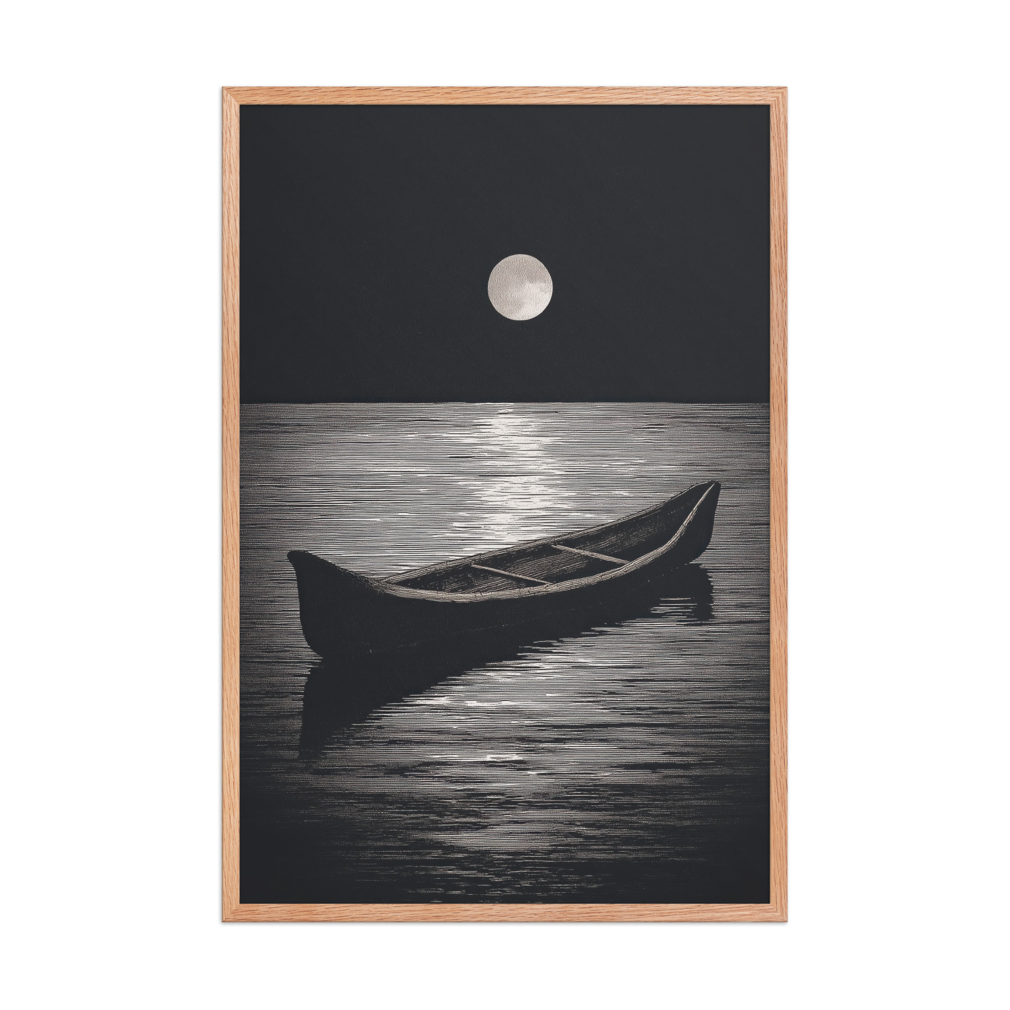 enhanced-matte-paper-framed-poster-in-red-oak-24x36-front-68f9d0a4e5ca3.jpg Moonlit Canoe II — Minimal Silver Moon Night Wall Art — Framed Poster - Image 16
