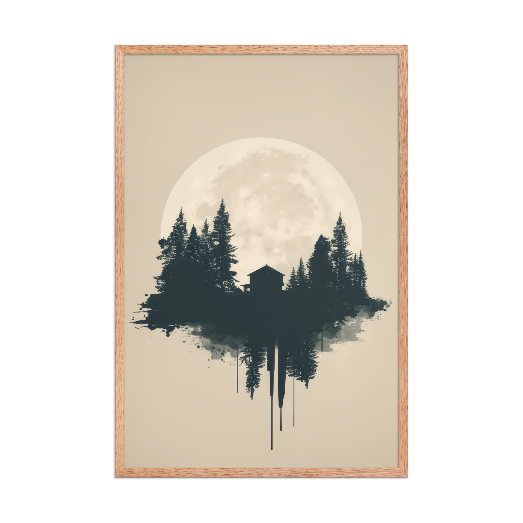 enhanced-matte-paper-framed-poster-in-red-oak-24x36-front-68f9ff049ac49.jpg Full Moon Shelter — Minimalistic Forest House Wall Decor — Framed Poster - Image 12