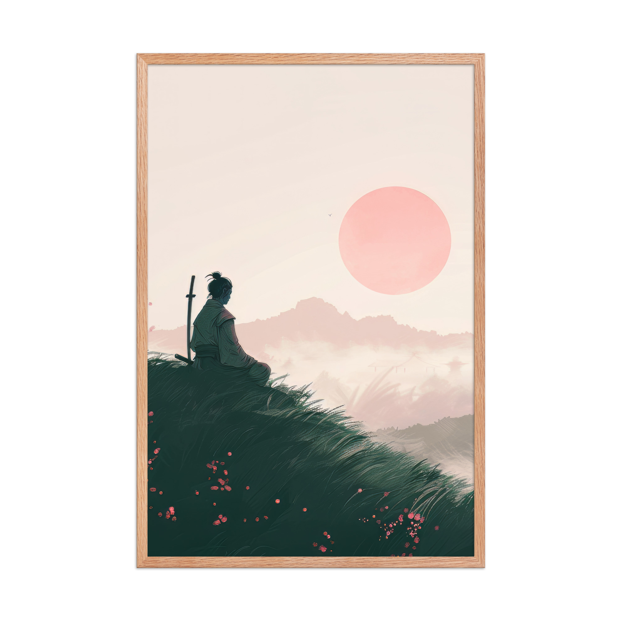 enhanced-matte-paper-framed-poster-in-red-oak-24x36-front-68fa167397742.jpg Samurai at Dawn – Pink Sun Over Hills Quiet Strength at Daybreak Wall Decor – Framed Poster - Image 14