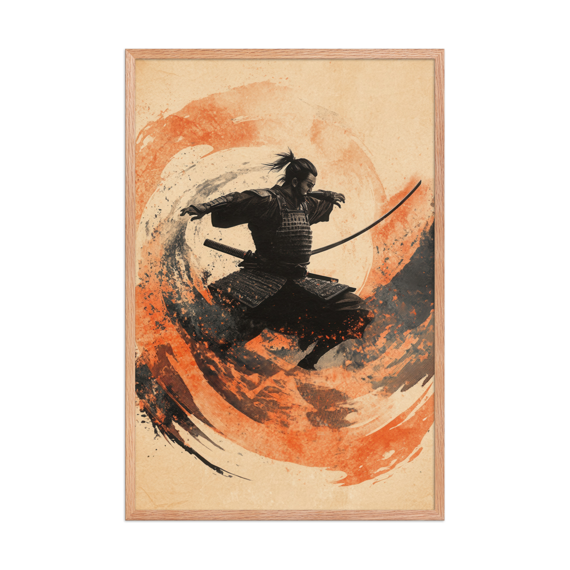 enhanced-matte-paper-framed-poster-in-red-oak-24x36-front-68fa2225eb8d1.jpg Samurai Swirl – Brush-Stroke Motion and Warrior Focus Wall Decor – Framed Poster - Image 8