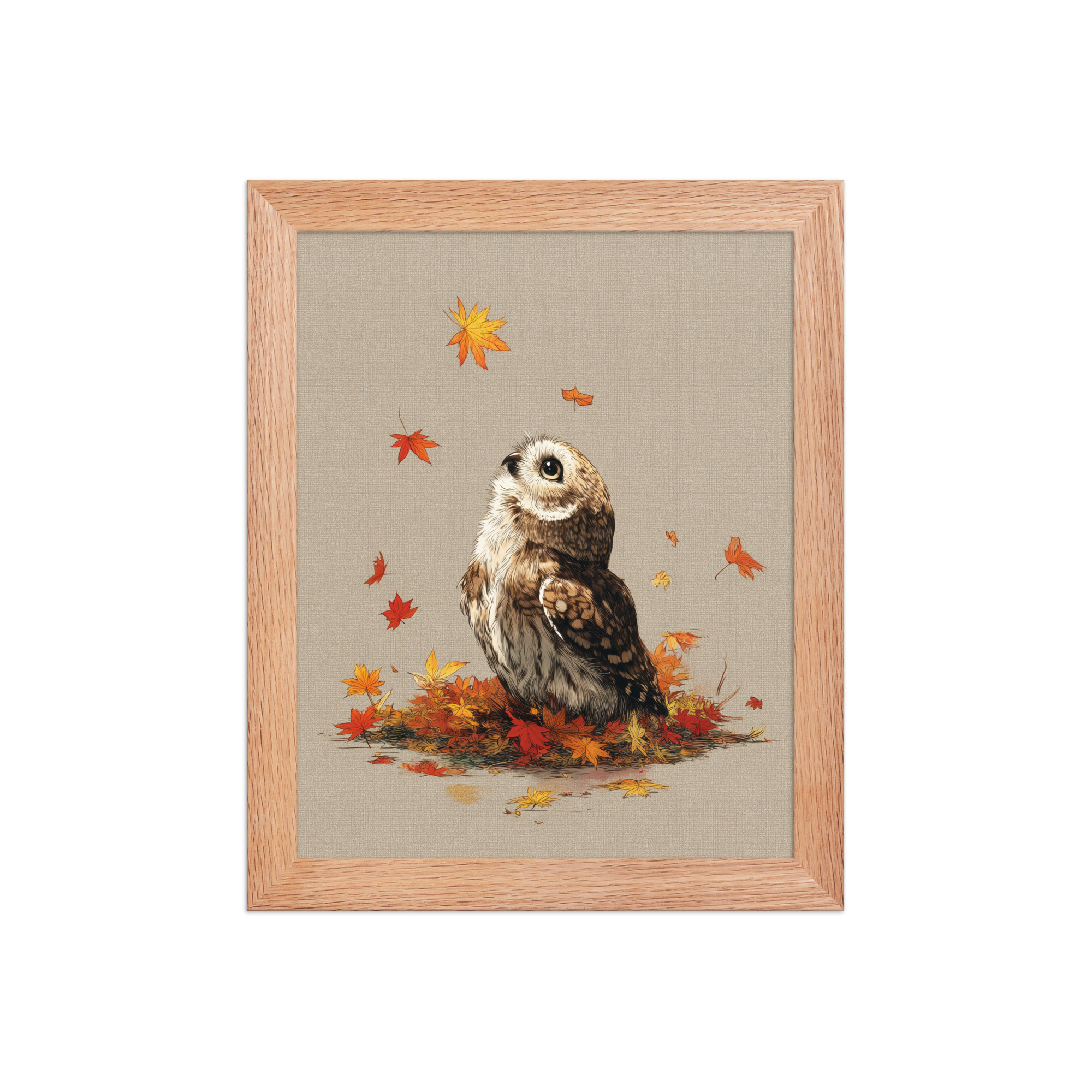 enhanced-matte-paper-framed-poster-in-red-oak-8x10-front-68f89a1ad84c3.jpg Autumn Gaze Owl — Owl Illustration with Falling Leaves Wall Art — Framed Poster - Image 6