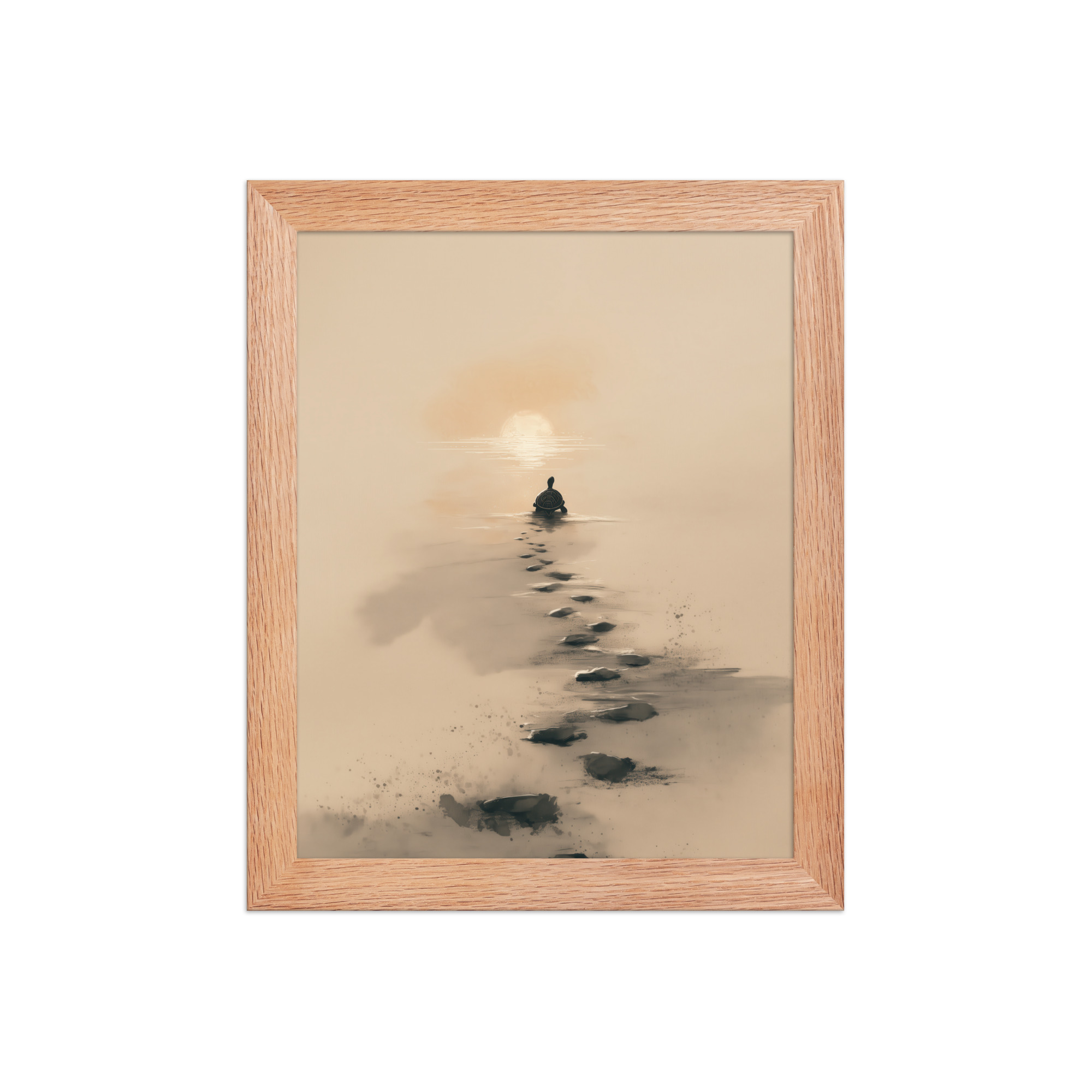 enhanced-matte-paper-framed-poster-in-red-oak-8x10-front-68f8a9c68582f.jpg Turtle Sunset Path — Minimalist Japandi Turtle with Footprints Beach Sunset Wall Decor — Framed Poster - Image 9