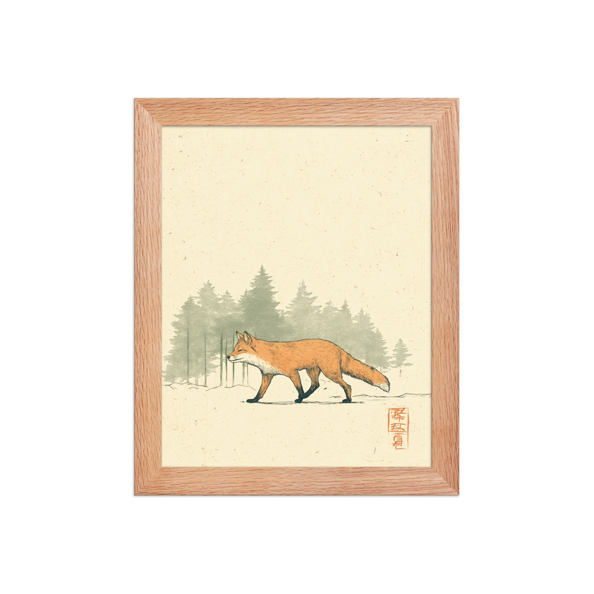 enhanced-matte-paper-framed-poster-in-red-oak-8x10-front-68f9031fd0003.jpg Fox in Pines — Red Fox Illustration on Textured Paper Wall Decor — Framed Poster - Image 9
