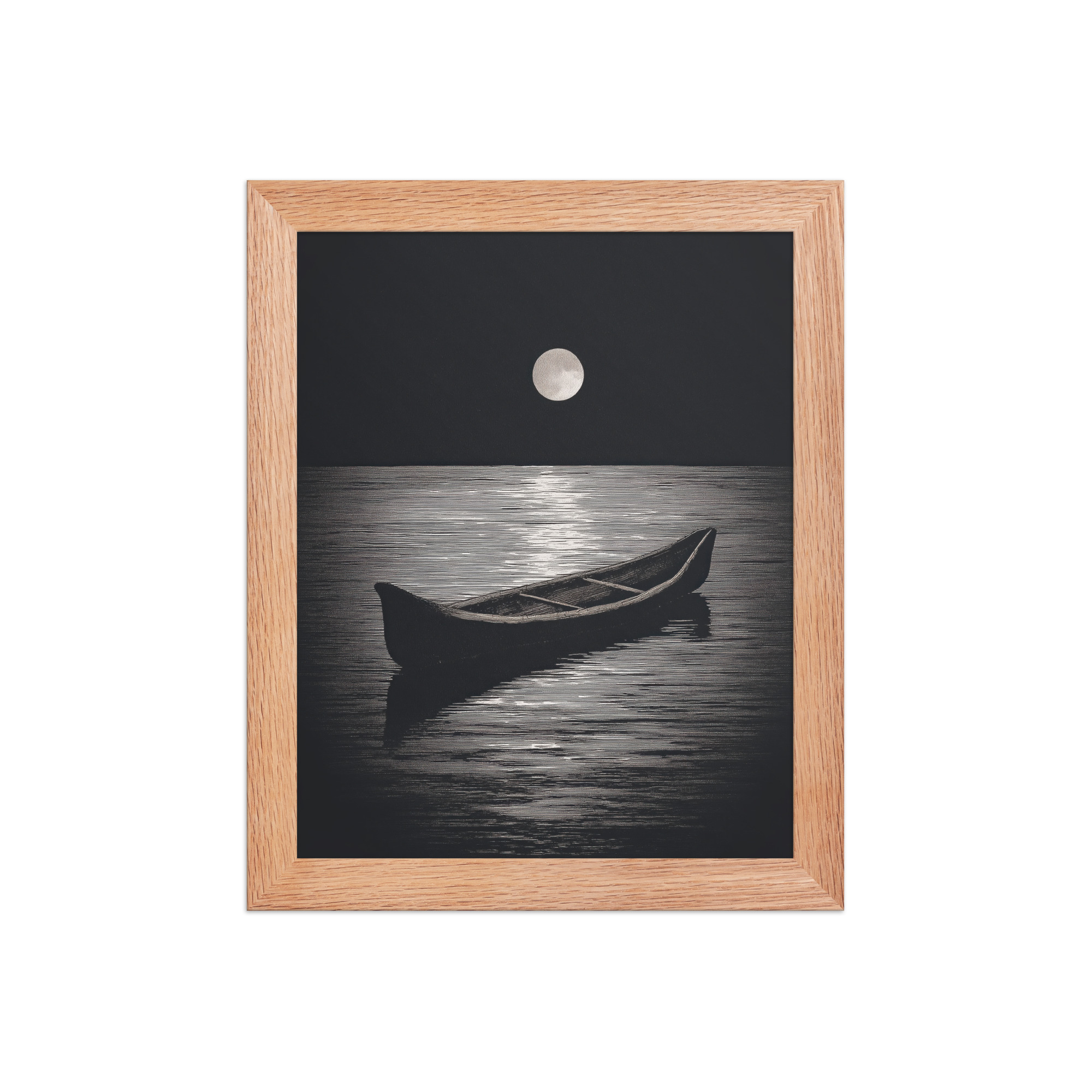 enhanced-matte-paper-framed-poster-in-red-oak-8x10-front-68f9d0a4e58ed.jpg Moonlit Canoe II — Minimal Silver Moon Night Wall Art — Framed Poster - Image 9