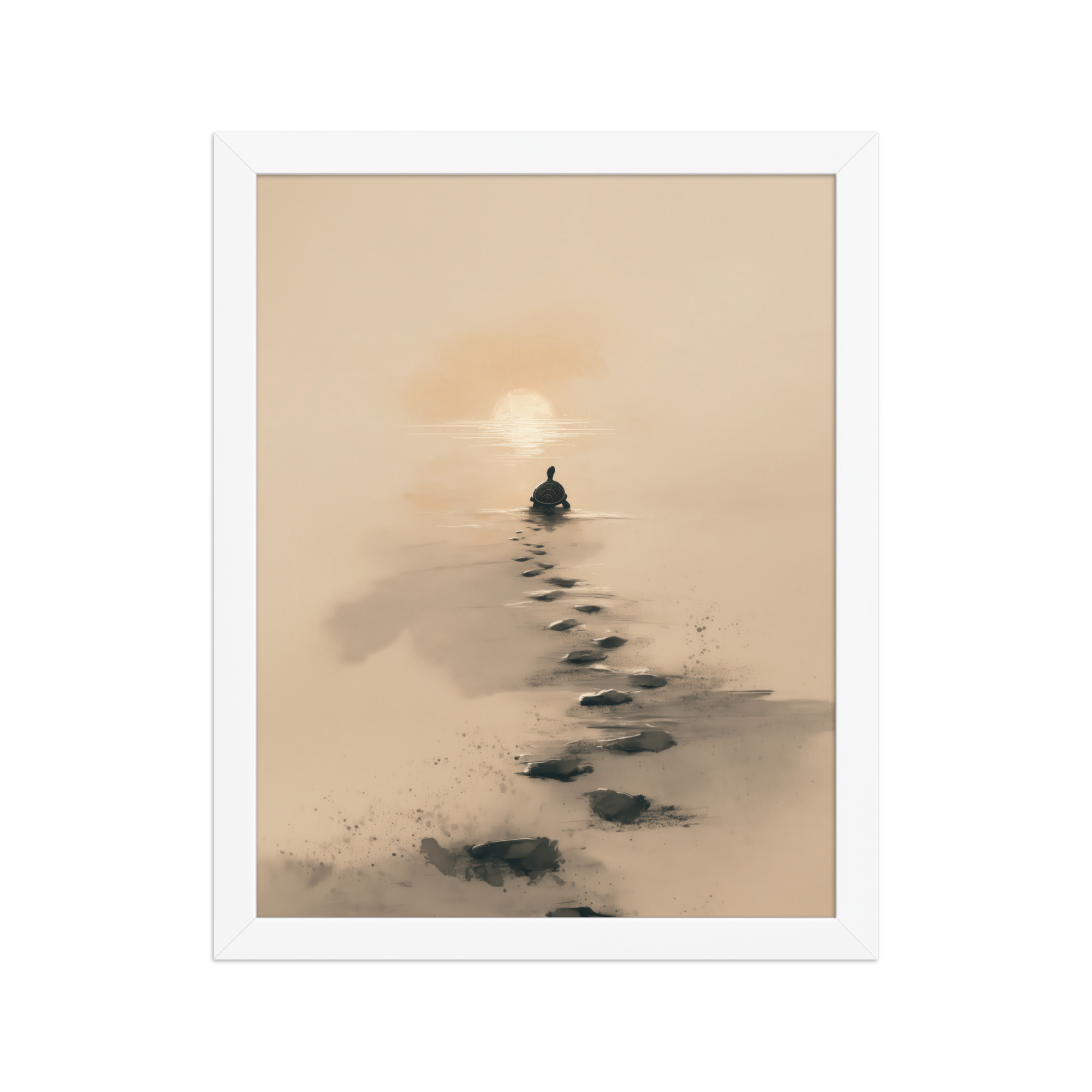 enhanced-matte-paper-framed-poster-in-white-11x14-front-68f8a9c685ca3.jpg Turtle Sunset Path — Minimalist Japandi Turtle with Footprints Beach Sunset Wall Decor — Framed Poster - Image 18