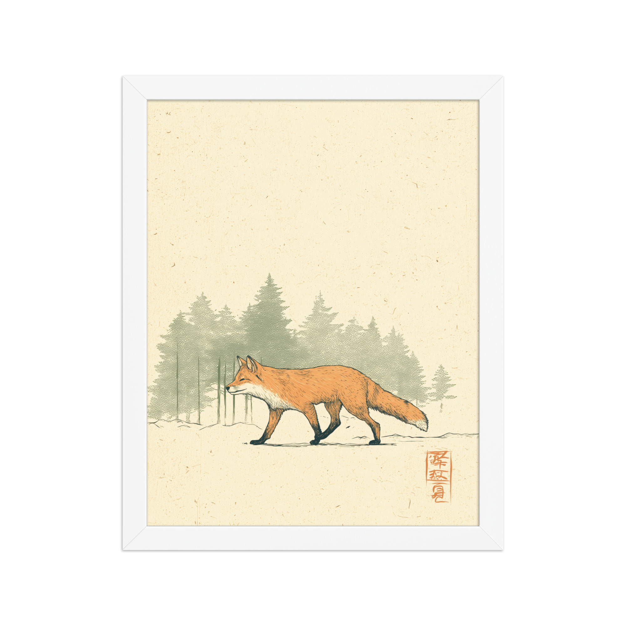 enhanced-matte-paper-framed-poster-in-white-11x14-front-68f9031fd04fb.jpg Fox in Pines — Red Fox Illustration on Textured Paper Wall Decor — Framed Poster - Image 18