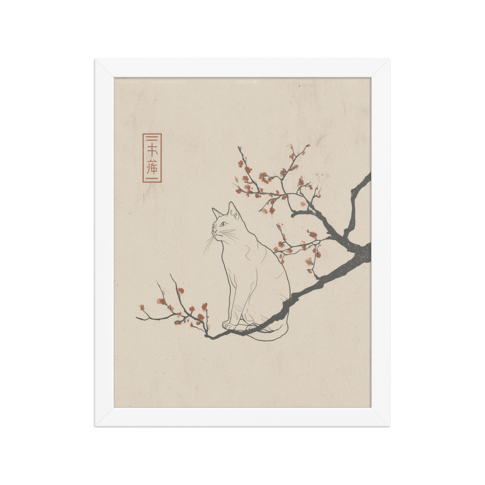 enhanced-matte-paper-framed-poster-in-white-11x14-front-68f9068249e20.jpg Cat with Blossoms — Minimalist Cat on Plum Branch Wall Art — Framed Poster - Image 15