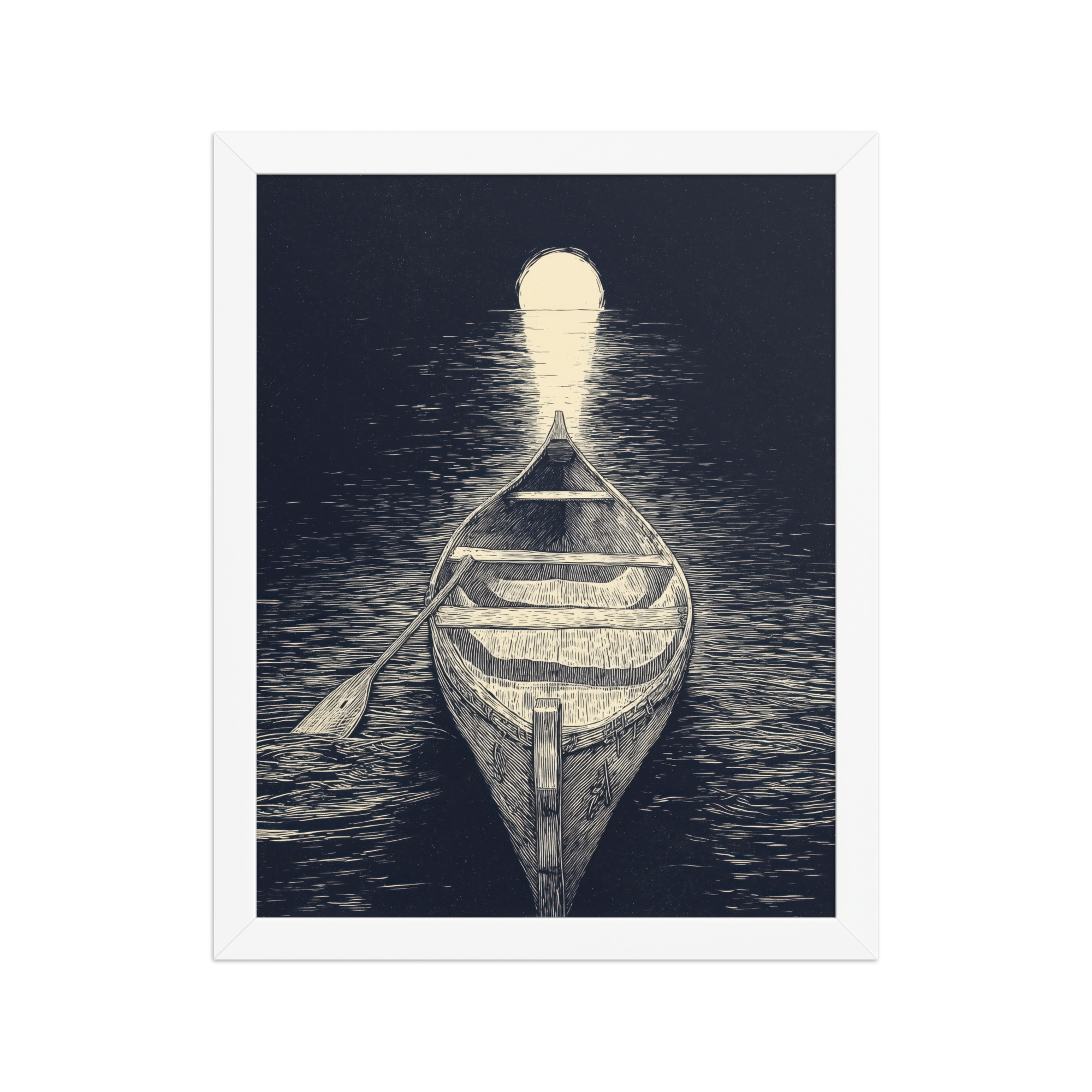 enhanced-matte-paper-framed-poster-in-white-11x14-front-68f9cc5aaab6c.jpg Moonlit Canoe — Woodcut Night Lake Wall Art — Framed Poster - Image 11