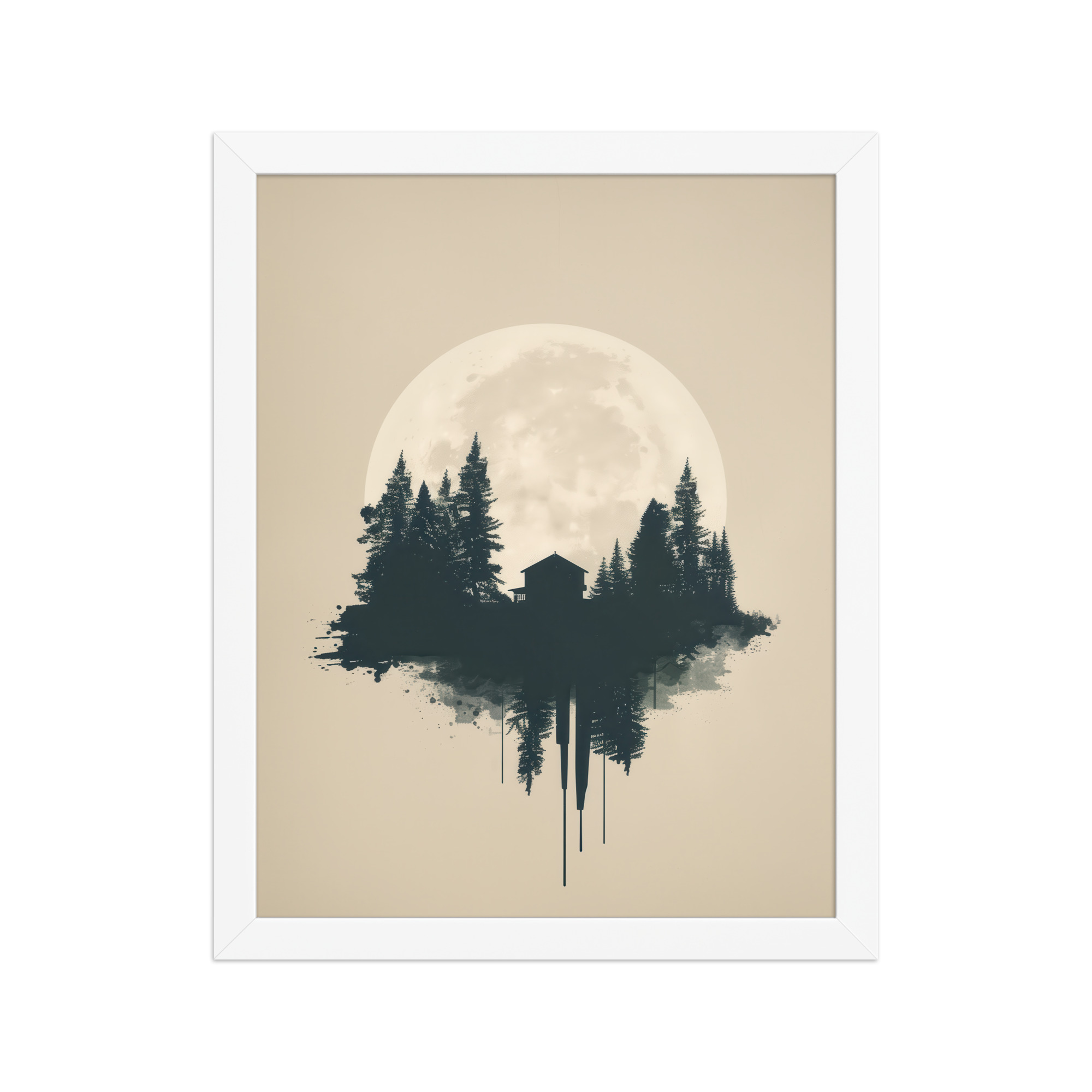 enhanced-matte-paper-framed-poster-in-white-11x14-front-68f9ff049ad2d.jpg Full Moon Shelter — Minimalistic Forest House Wall Decor — Framed Poster - Image 13