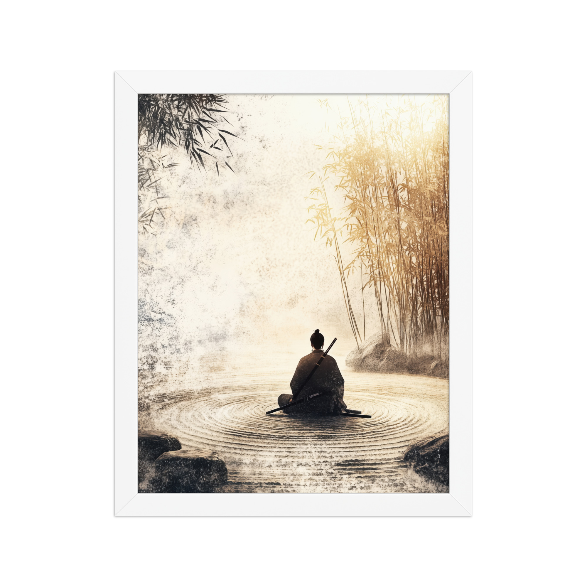enhanced-matte-paper-framed-poster-in-white-11x14-front-68fa162ed2952.jpg Zen Samurai in Bamboo Light – Neutral Sumi-e Ink Samurai Meditation Wall Art – Framed Poster - Image 13