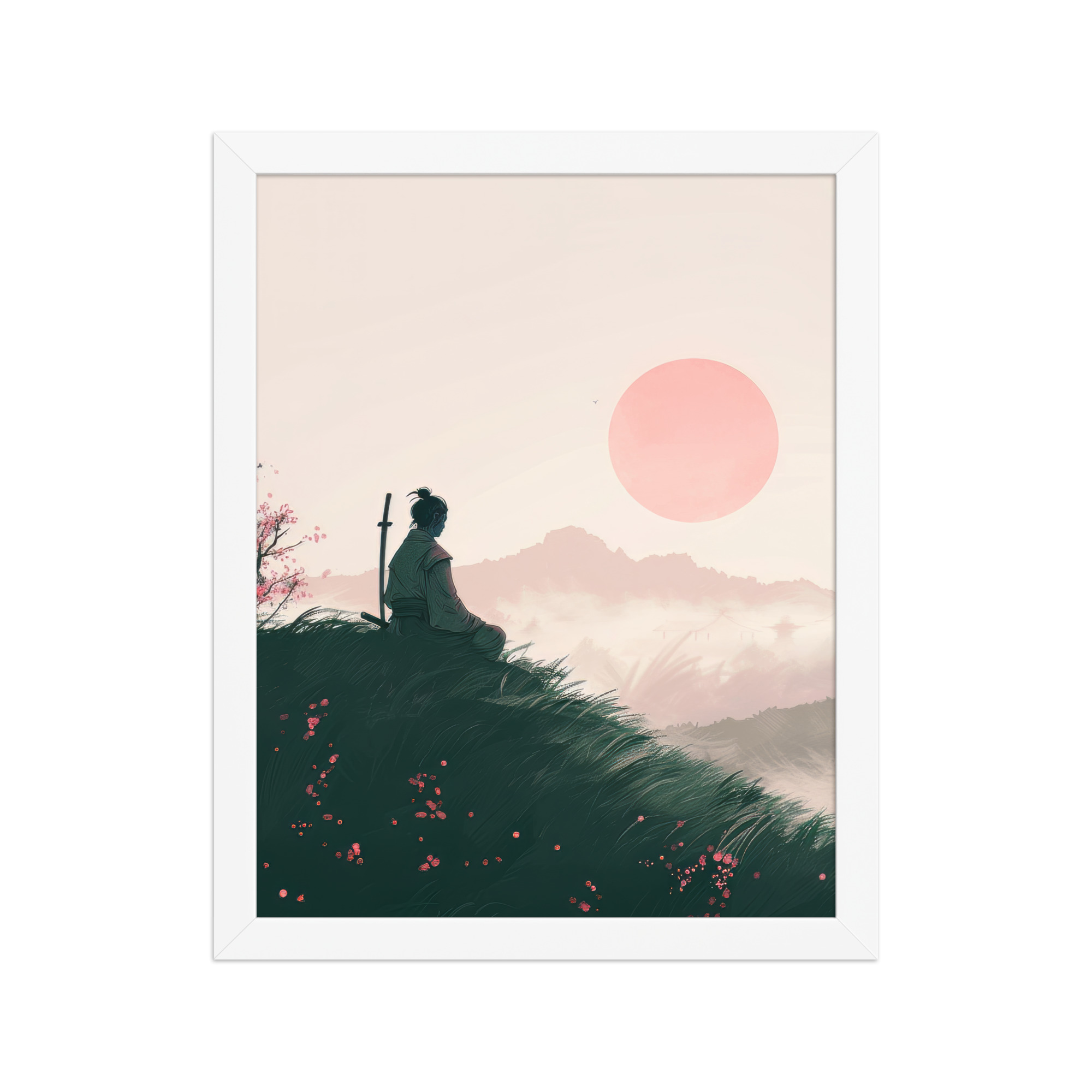 enhanced-matte-paper-framed-poster-in-white-11x14-front-68fa167397854.jpg Samurai at Dawn – Pink Sun Over Hills Quiet Strength at Daybreak Wall Decor – Framed Poster - Image 16