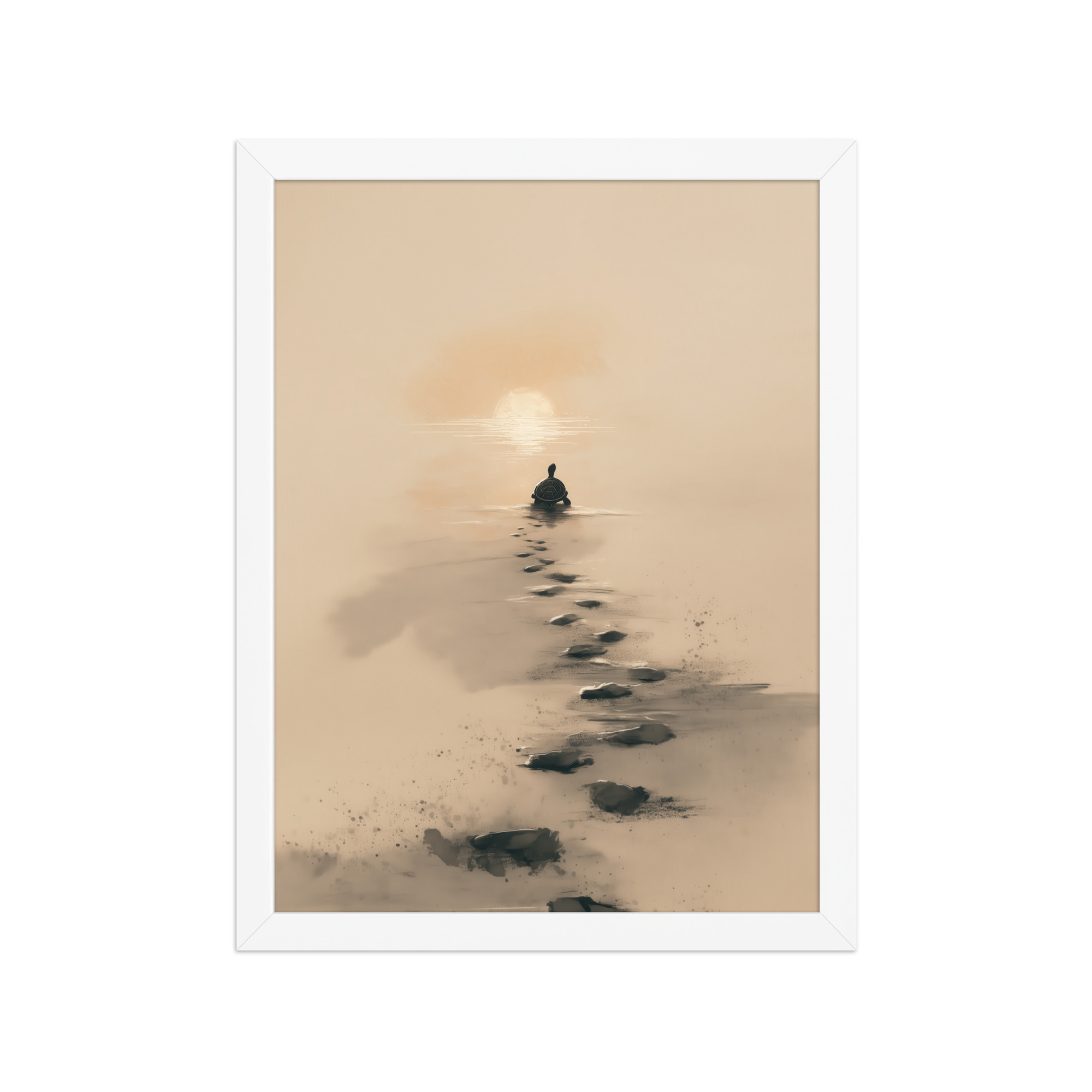 enhanced-matte-paper-framed-poster-in-white-12x16-front-68f8a9c685d25.jpg Turtle Sunset Path — Minimalist Japandi Turtle with Footprints Beach Sunset Wall Decor — Framed Poster - Image 19