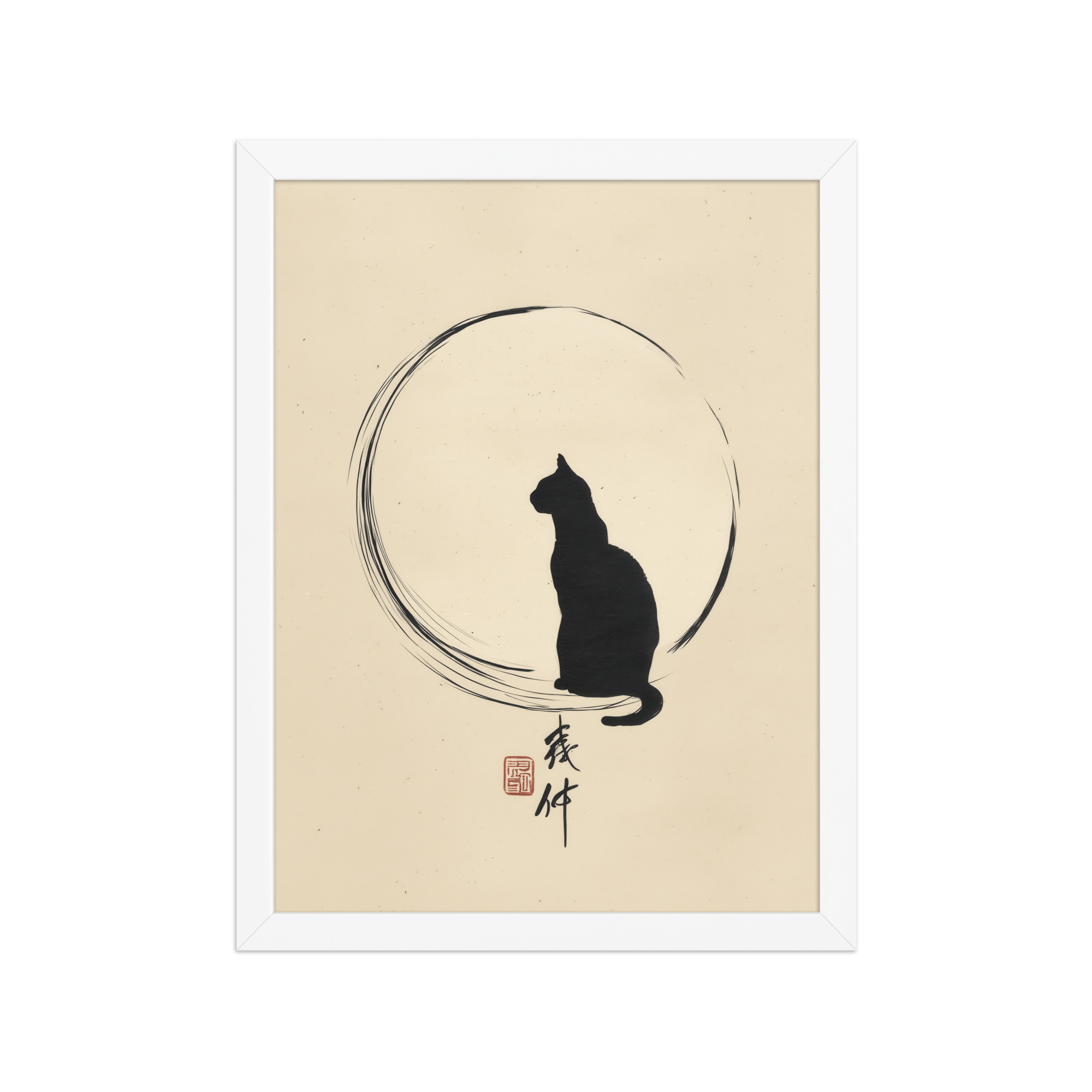 enhanced-matte-paper-framed-poster-in-white-12x16-front-68f8bc8e681da.jpg Moonlit Cat — Minimal Cat with Enso Circle in Black Ink Wall Art — Framed Poster - Image 19