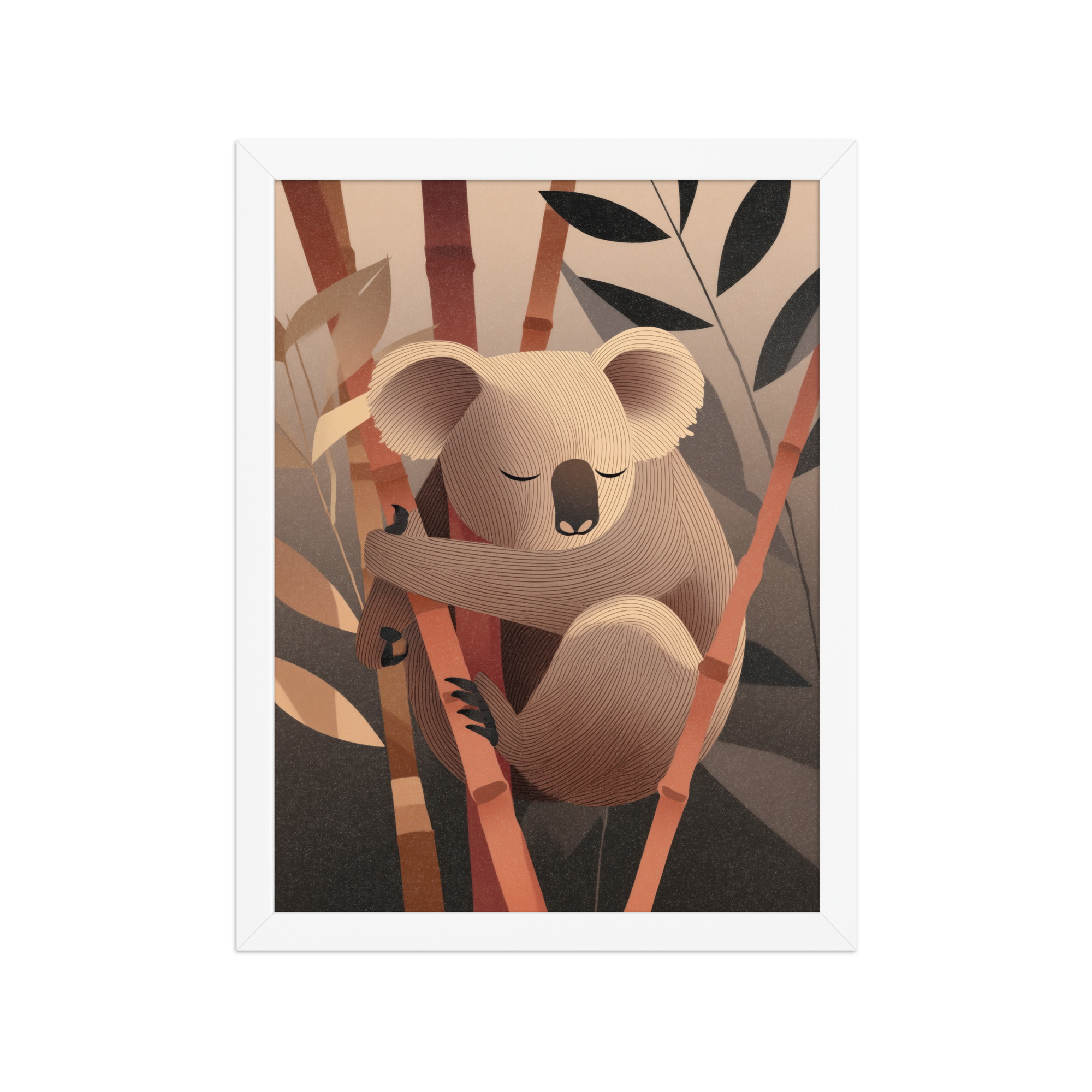 enhanced-matte-paper-framed-poster-in-white-12x16-front-68f8be9646474.jpg Koala Dreams in Bamboo — Minimal Sleeping Koala in Warm Tones Wall Decor — Framed Poster - Image 19