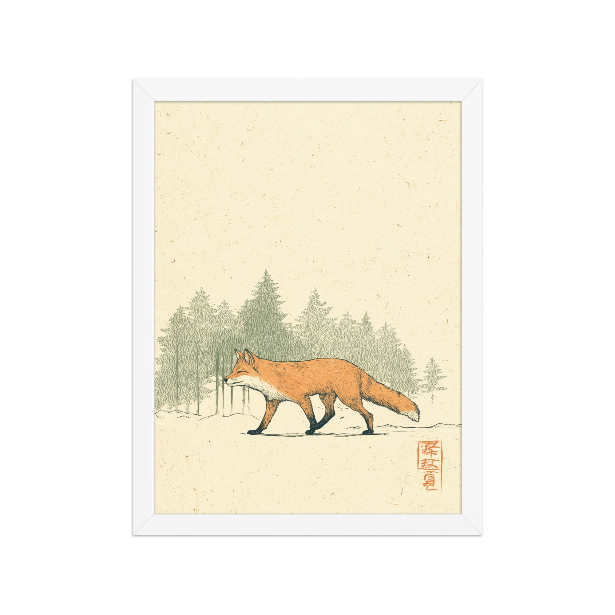 enhanced-matte-paper-framed-poster-in-white-12x16-front-68f9031fd058a.jpg Fox in Pines — Red Fox Illustration on Textured Paper Wall Decor — Framed Poster - Image 19