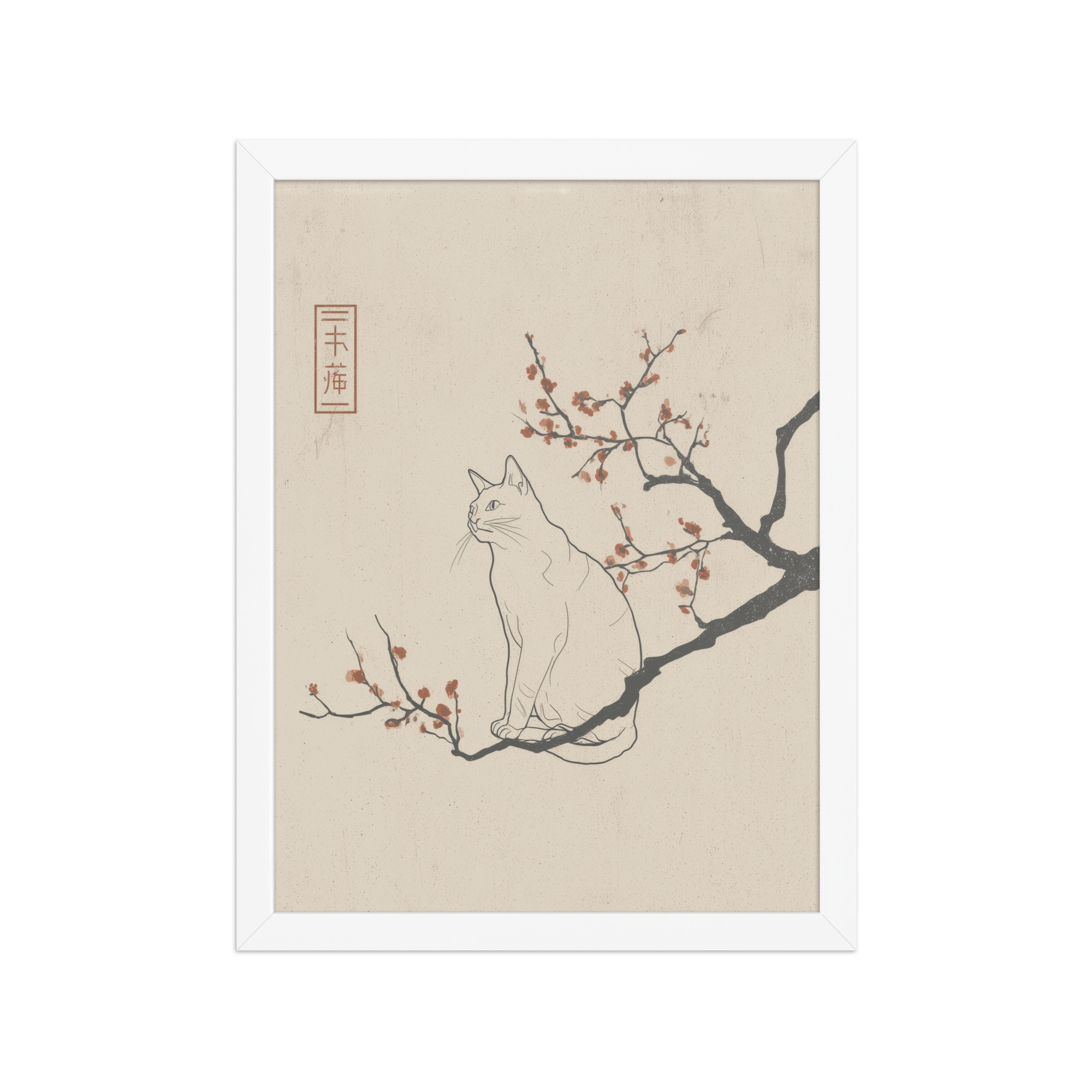 enhanced-matte-paper-framed-poster-in-white-12x16-front-68f9068249eb4.jpg Cat with Blossoms — Minimalist Cat on Plum Branch Wall Art — Framed Poster - Image 16