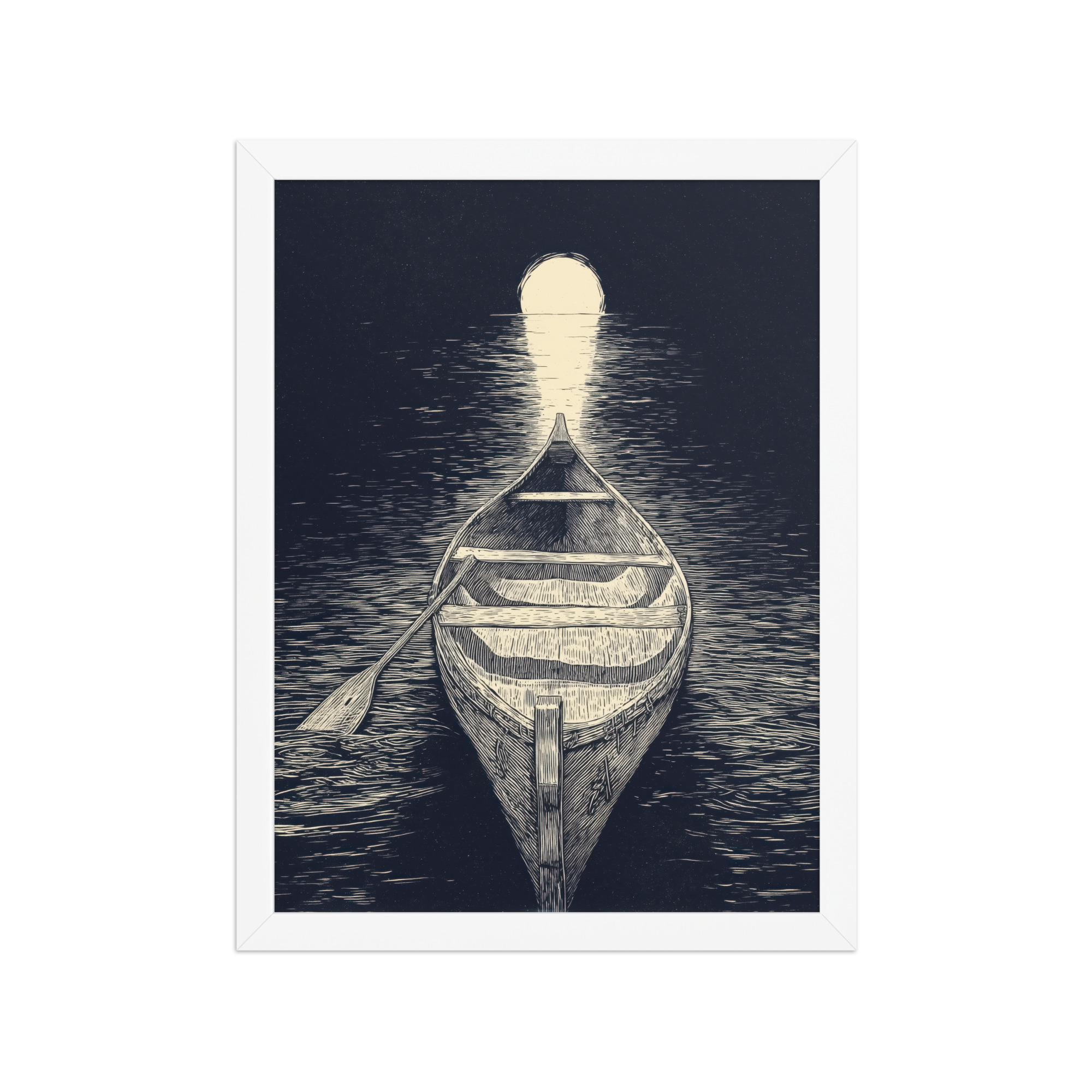 enhanced-matte-paper-framed-poster-in-white-12x16-front-68f9cc5aaac54.jpg Moonlit Canoe — Woodcut Night Lake Wall Art — Framed Poster - Image 12