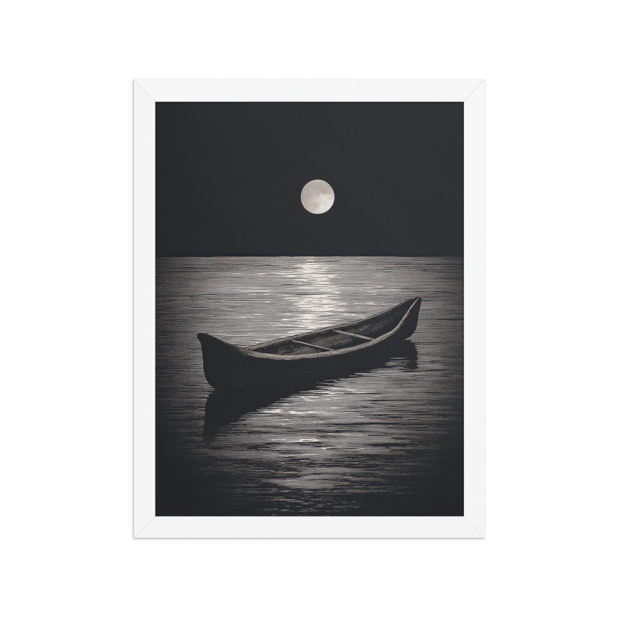 enhanced-matte-paper-framed-poster-in-white-12x16-front-68f9d0a4e5e47.jpg Moonlit Canoe II — Minimal Silver Moon Night Wall Art — Framed Poster - Image 19