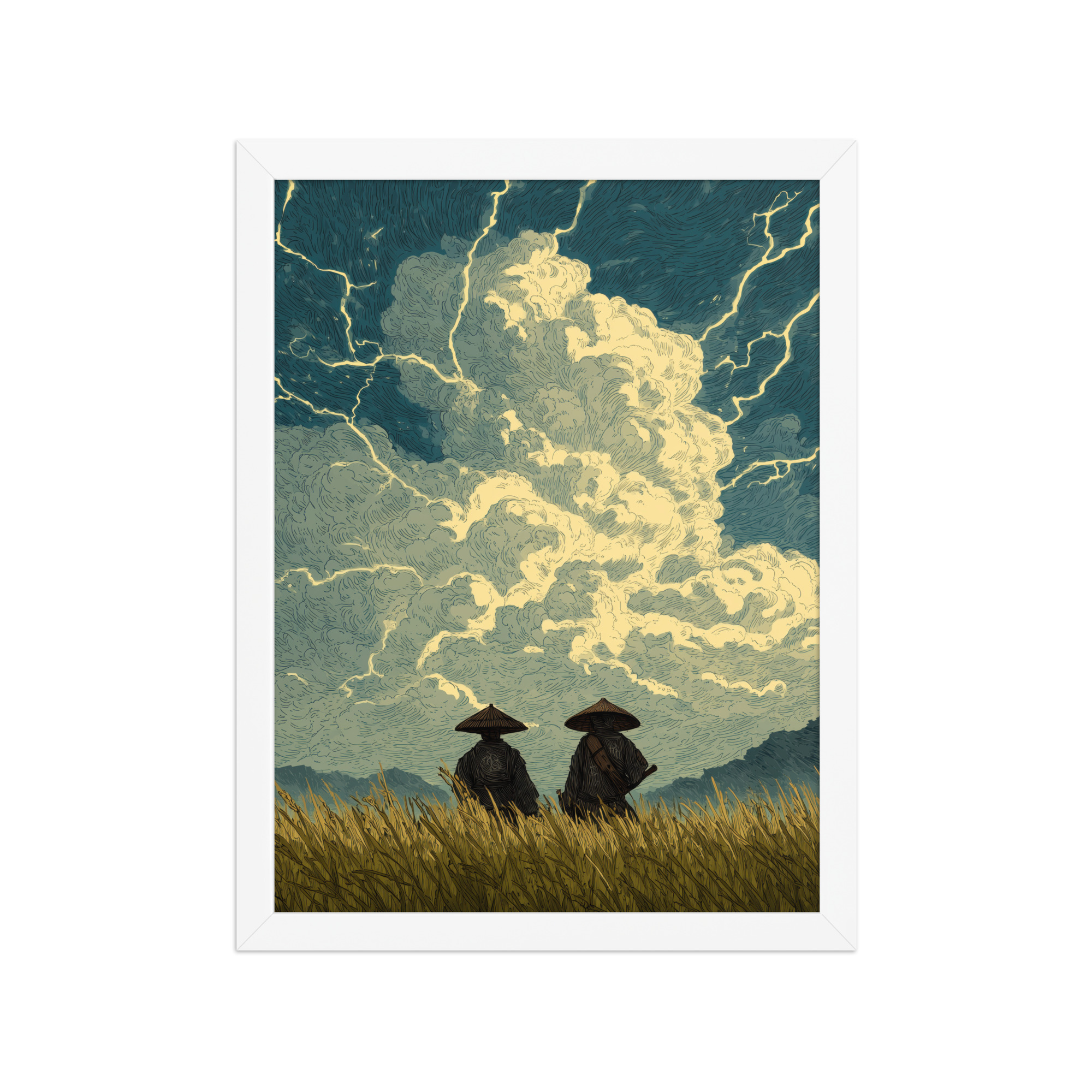 enhanced-matte-paper-framed-poster-in-white-12x16-front-68f9f1a39d529.jpg Before the Storm – Ukiyo-e Samurai Watchers Landscape Wall Art – Framed Poster - Image 17