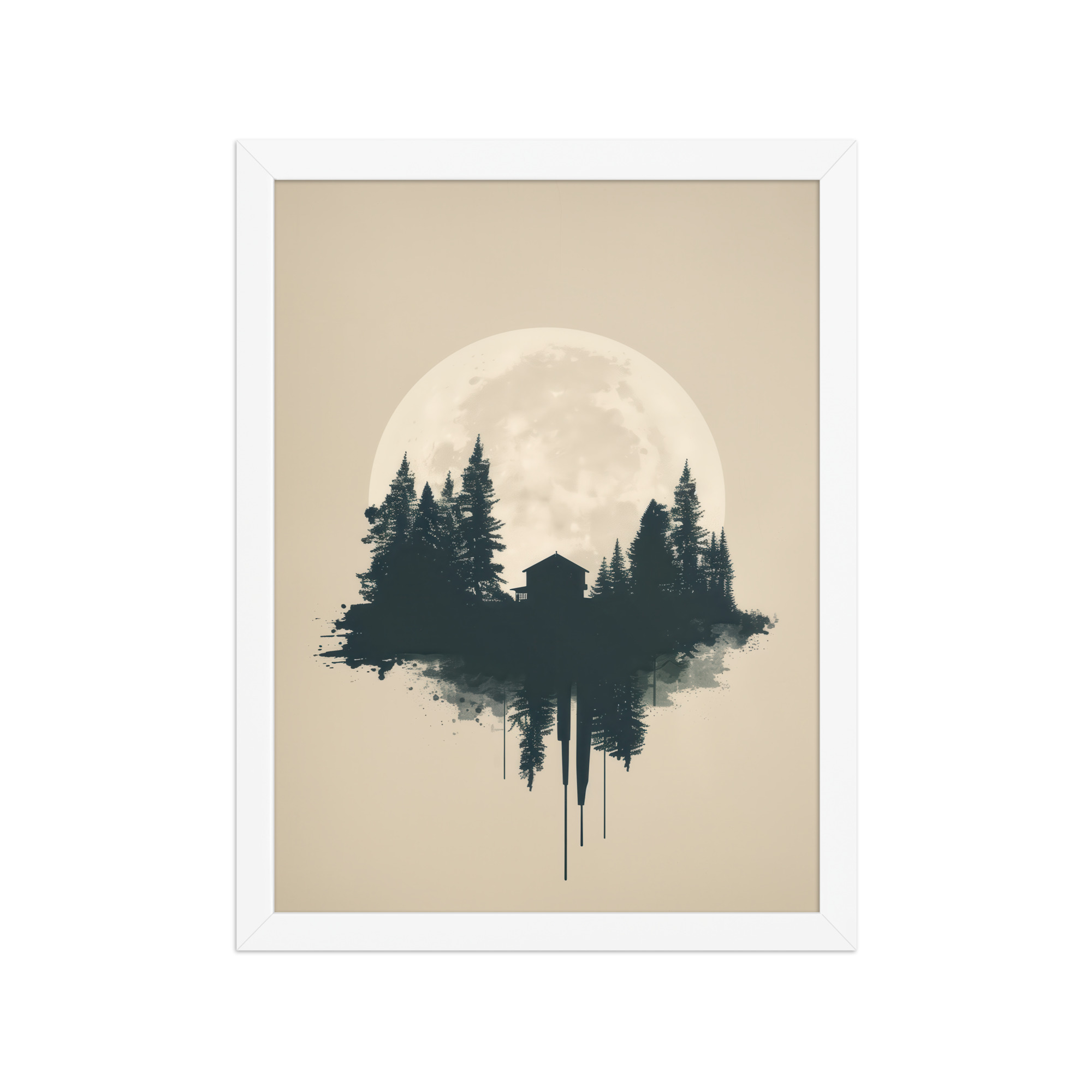 enhanced-matte-paper-framed-poster-in-white-12x16-front-68f9ff049ae2b.jpg Full Moon Shelter — Minimalistic Forest House Wall Decor — Framed Poster - Image 14