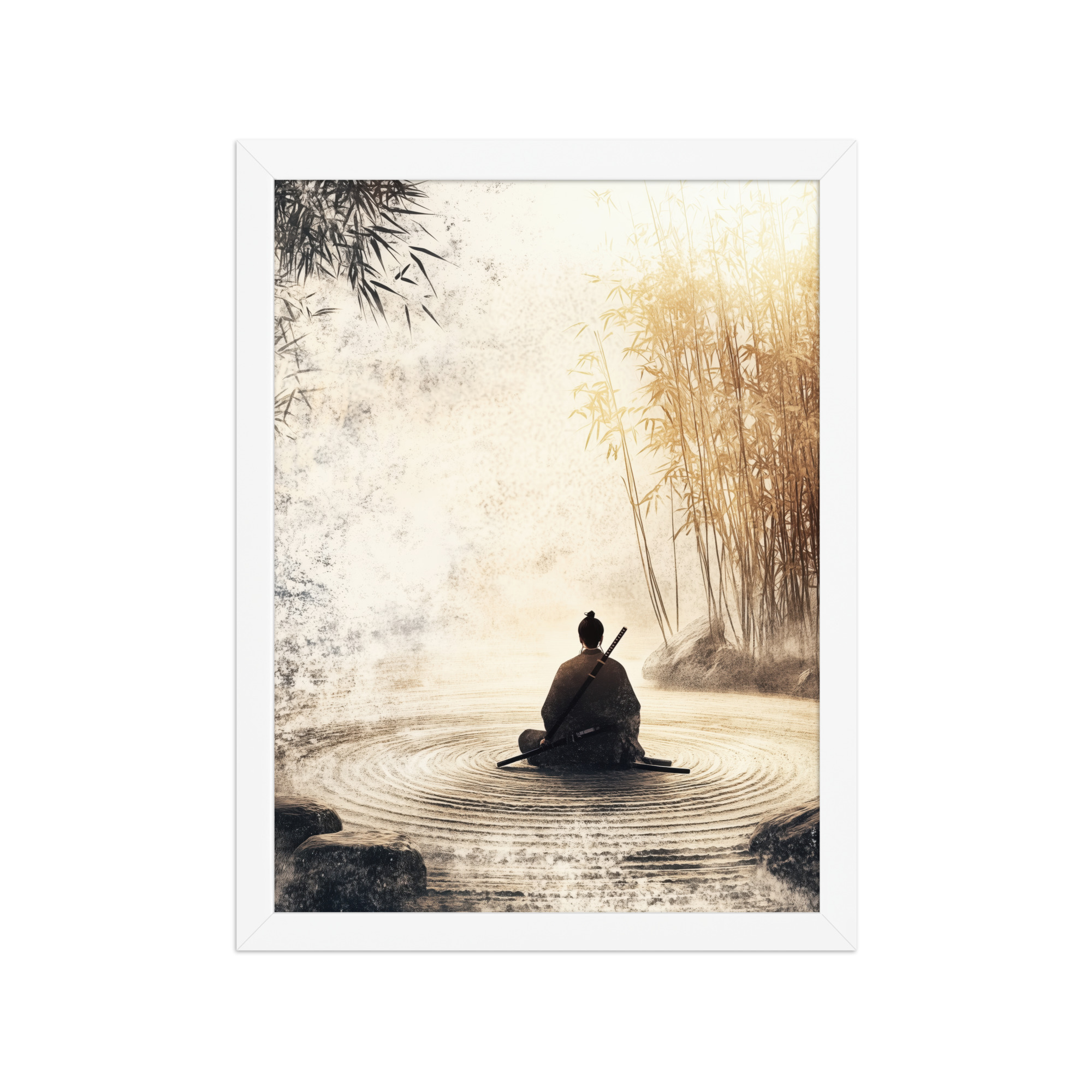 enhanced-matte-paper-framed-poster-in-white-12x16-front-68fa162ed2a0f.jpg Zen Samurai in Bamboo Light – Neutral Sumi-e Ink Samurai Meditation Wall Art – Framed Poster - Image 14