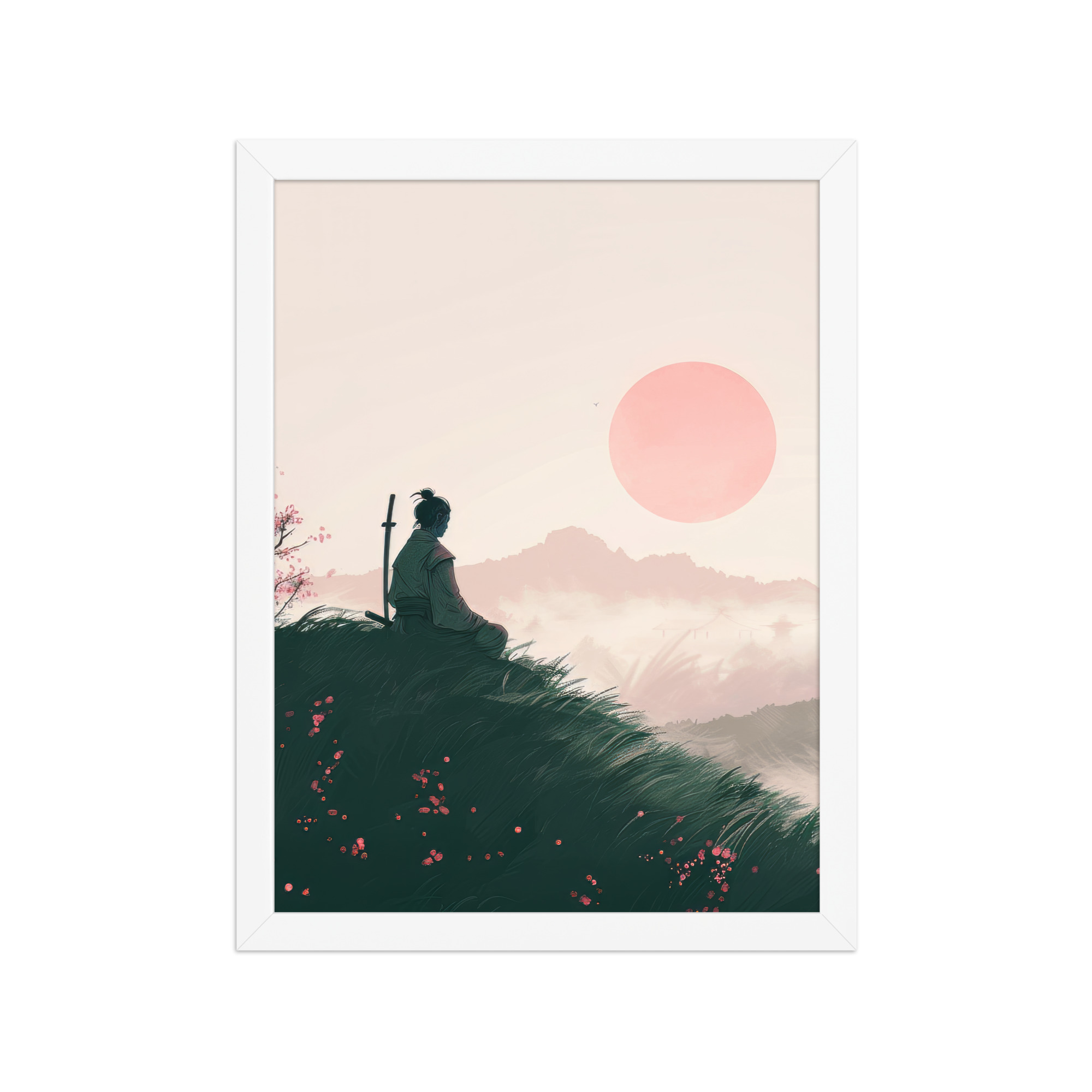 enhanced-matte-paper-framed-poster-in-white-12x16-front-68fa1673978f1.jpg Samurai at Dawn – Pink Sun Over Hills Quiet Strength at Daybreak Wall Decor – Framed Poster - Image 17