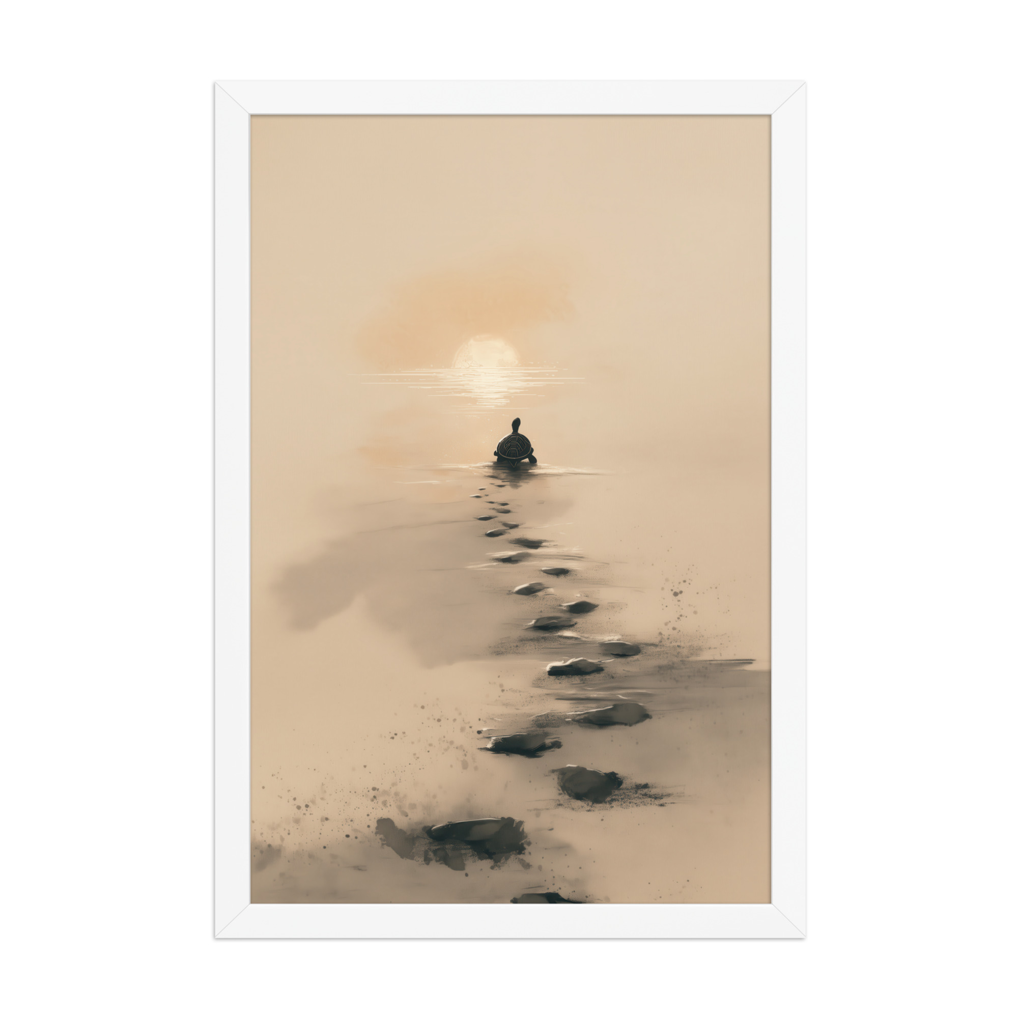 enhanced-matte-paper-framed-poster-in-white-12x18-front-68f8a9c685da9.jpg Turtle Sunset Path — Minimalist Japandi Turtle with Footprints Beach Sunset Wall Decor — Framed Poster - Image 20