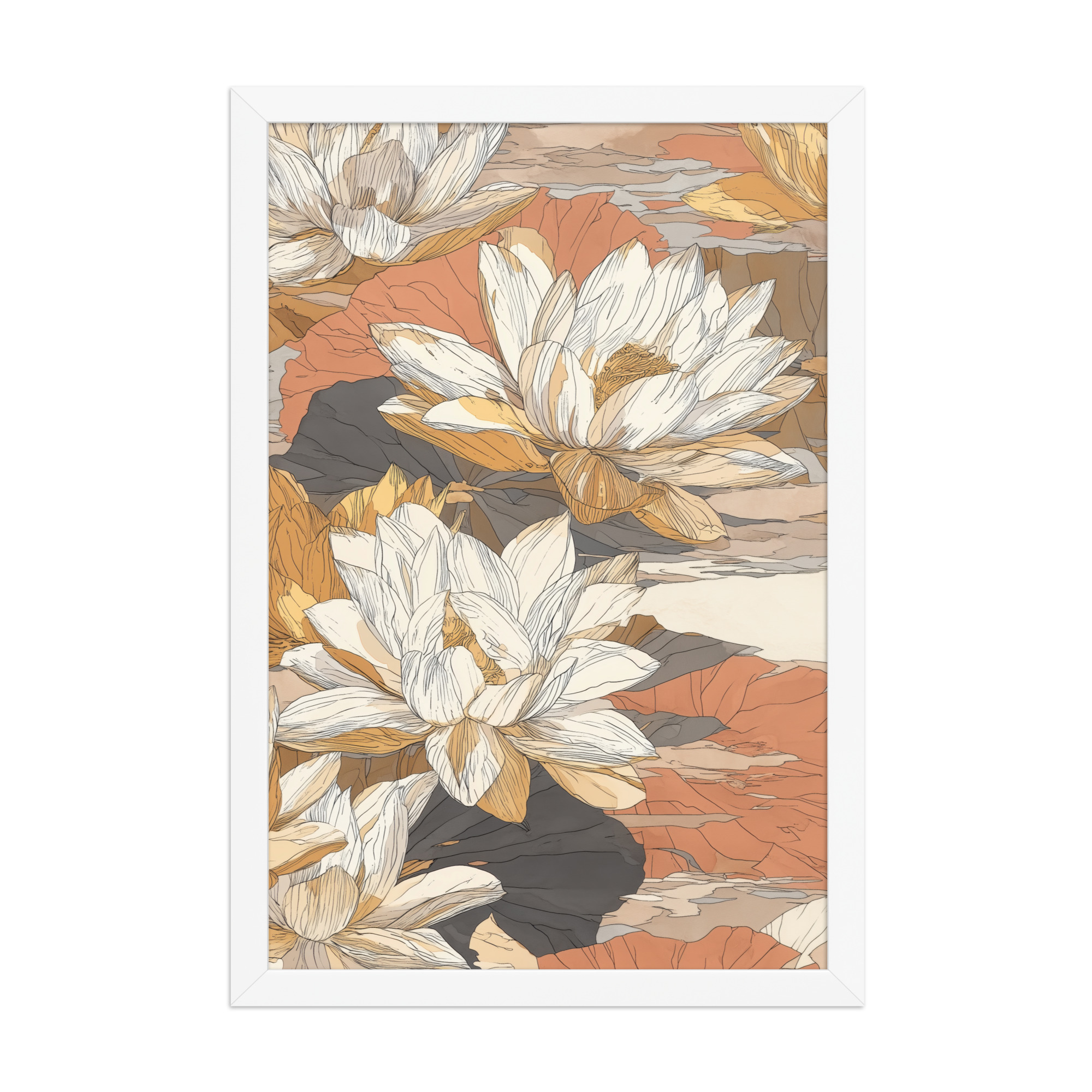 enhanced-matte-paper-framed-poster-in-white-12x18-front-68f922f461f65.jpg Lotus Blossom Pattern — Warm Terracotta Floral Wall Art — Framed Poster - Image 17
