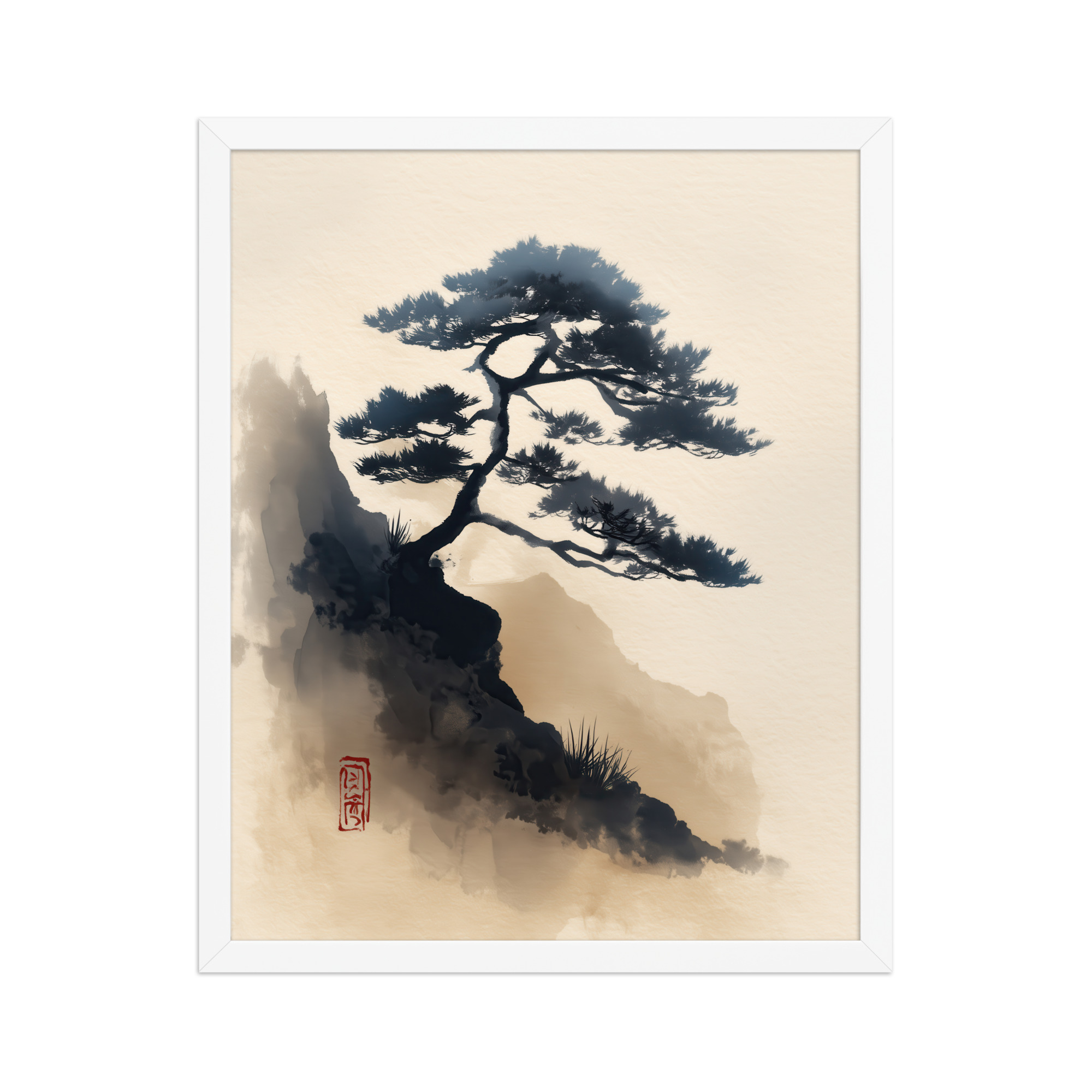 enhanced-matte-paper-framed-poster-in-white-16x20-front-68f87d0d3cb67.jpg Mountain Pine in Soft Ink — Sumi-e Japanese Landscape Wall Decor — Framed Poster - Image 18