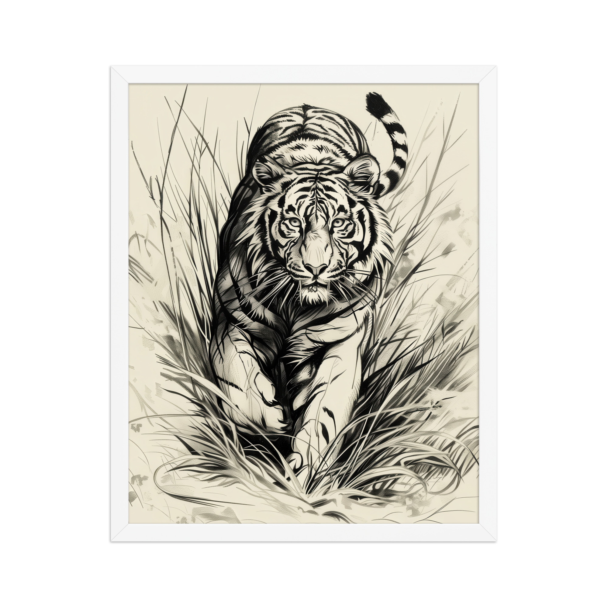 enhanced-matte-paper-framed-poster-in-white-16x20-front-68f89b4893cc1.jpg Tiger in Brush — Monochrome Ink Bengal Tiger Wall Art — Framed Poster - Image 9