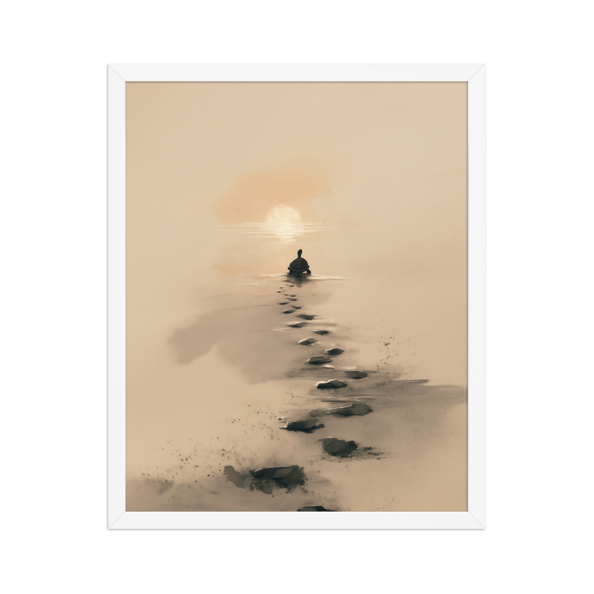 enhanced-matte-paper-framed-poster-in-white-16x20-front-68f8a9c685e2e.jpg Turtle Sunset Path — Minimalist Japandi Turtle with Footprints Beach Sunset Wall Decor — Framed Poster - Image 21