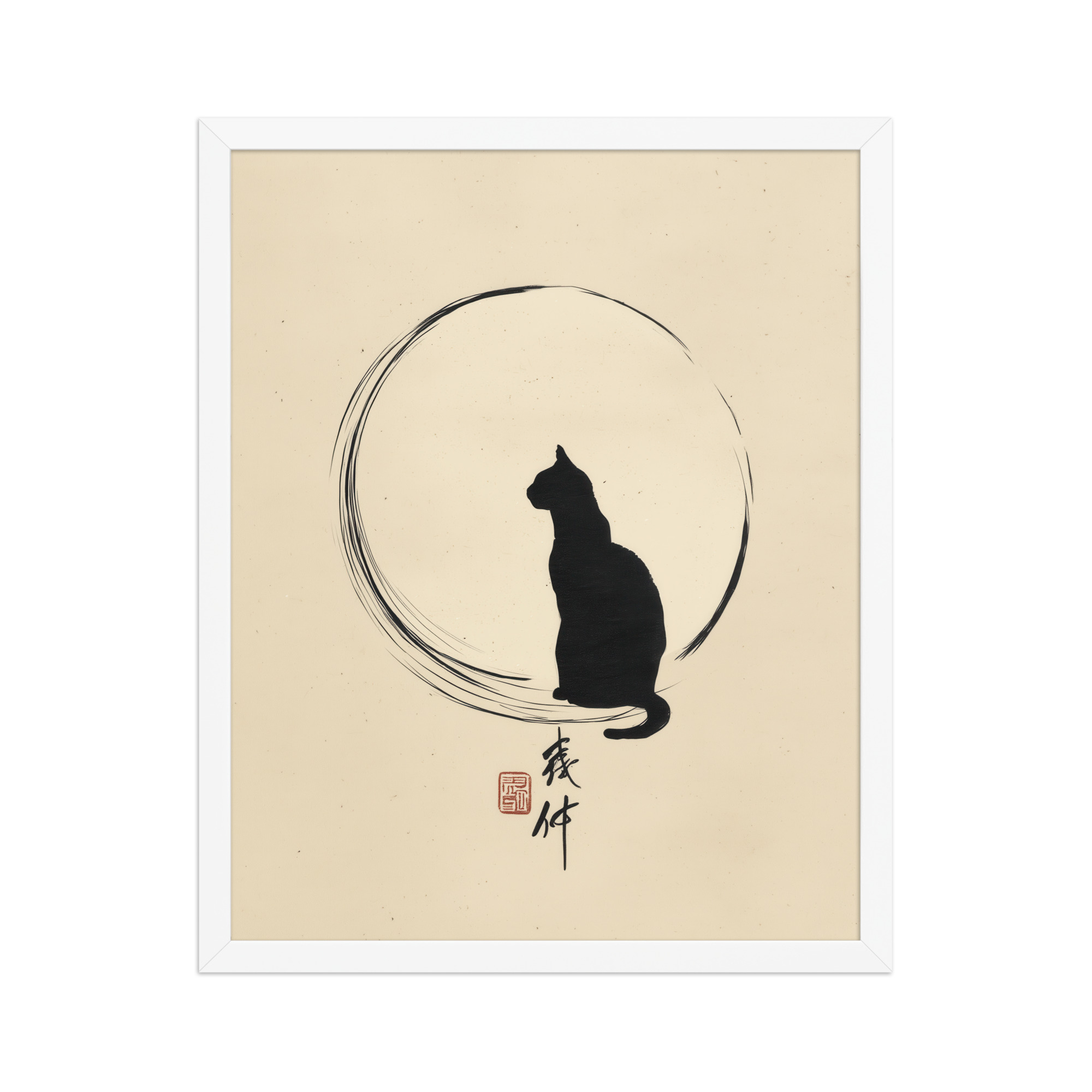 enhanced-matte-paper-framed-poster-in-white-16x20-front-68f8bc8e682fb.jpg Moonlit Cat — Minimal Cat with Enso Circle in Black Ink Wall Art — Framed Poster - Image 21