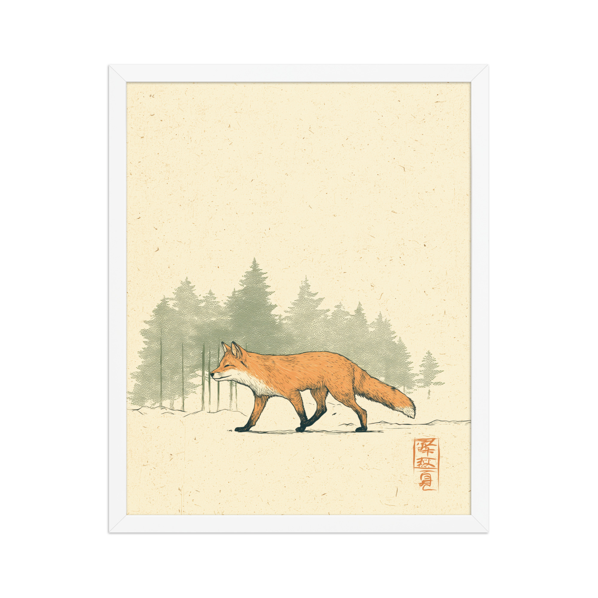 enhanced-matte-paper-framed-poster-in-white-16x20-front-68f9031fd06ab.jpg Fox in Pines — Red Fox Illustration on Textured Paper Wall Decor — Framed Poster - Image 21