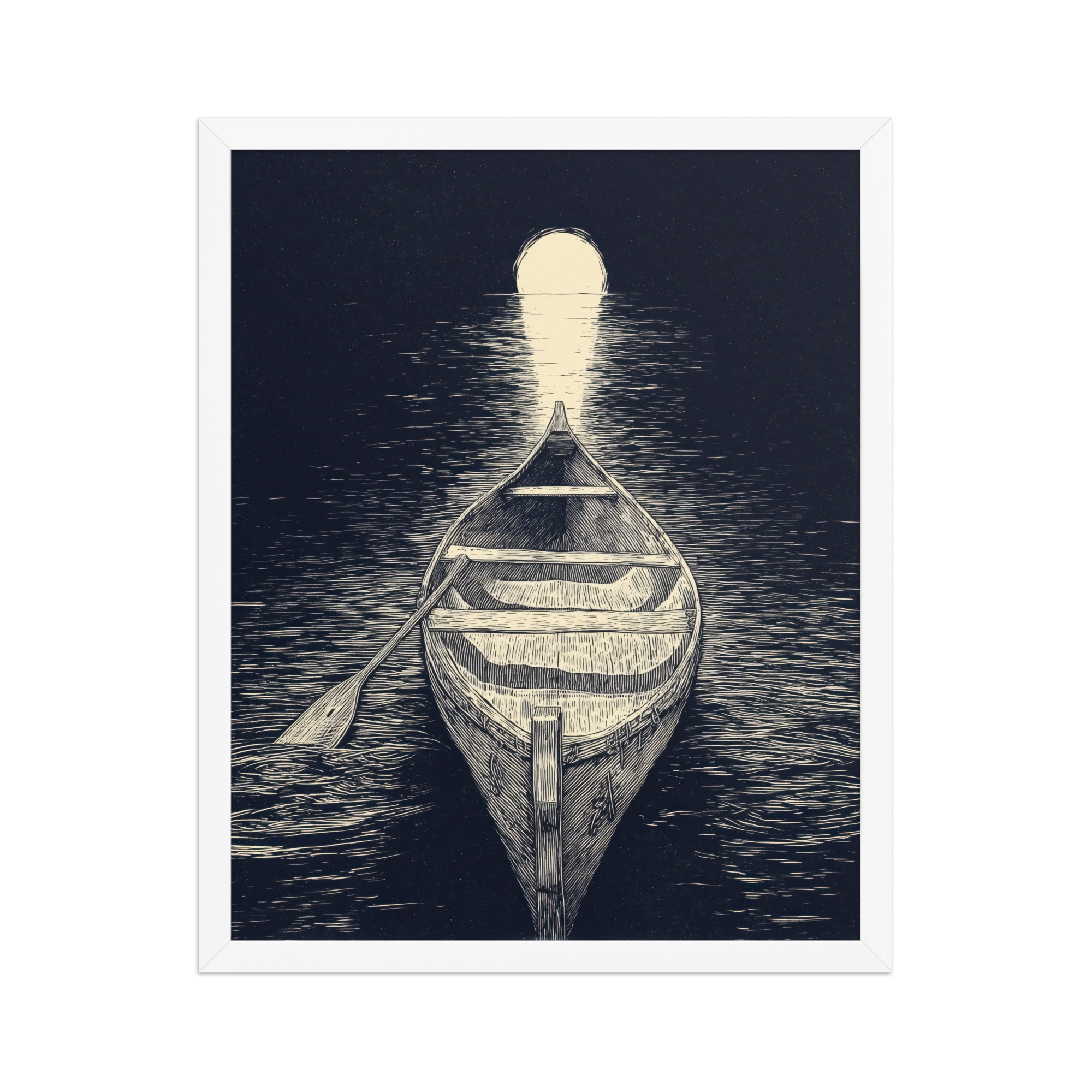 enhanced-matte-paper-framed-poster-in-white-16x20-front-68f9cc5aaad30.jpg Moonlit Canoe — Woodcut Night Lake Wall Art — Framed Poster - Image 13