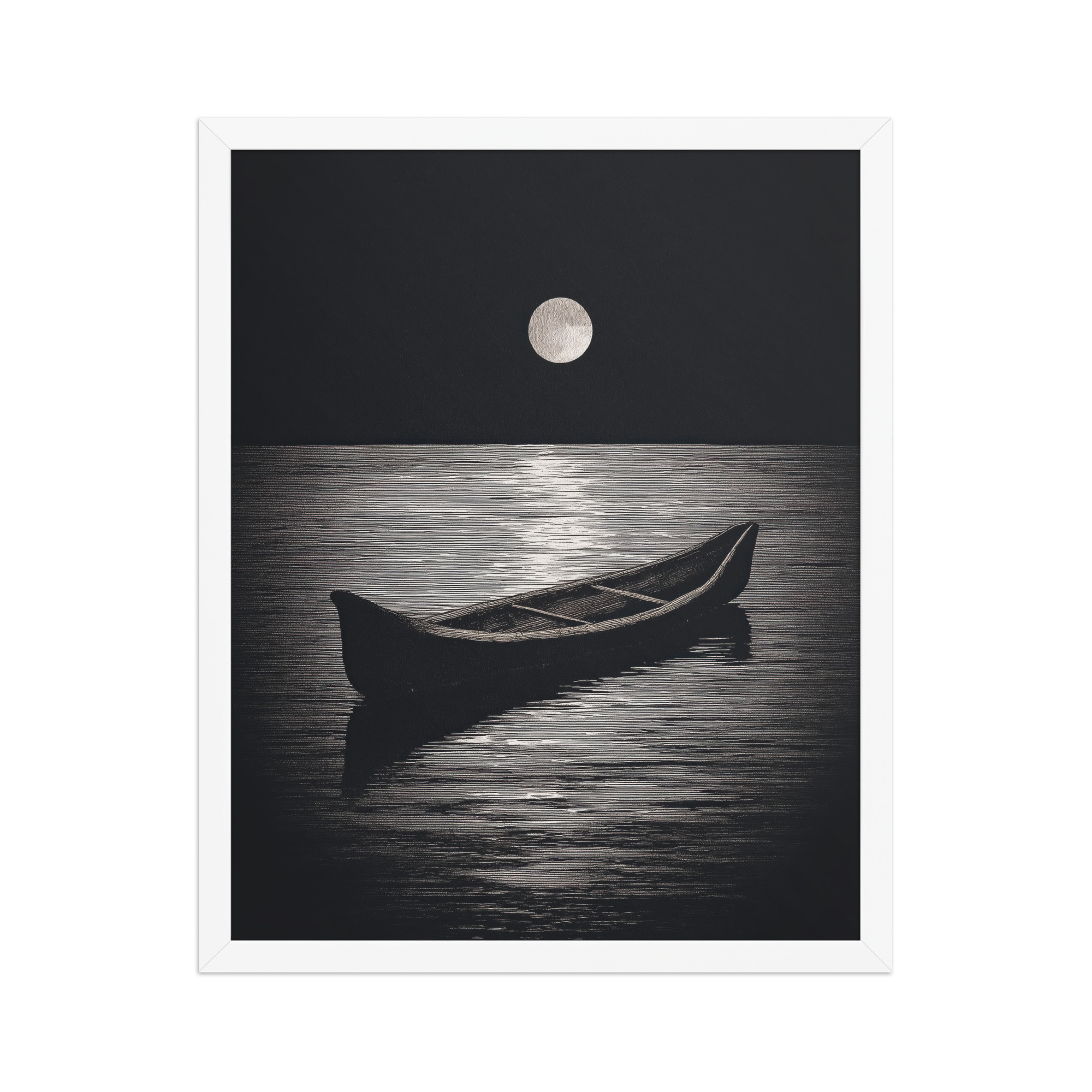 enhanced-matte-paper-framed-poster-in-white-16x20-front-68f9d0a4e5f58.jpg Moonlit Canoe II — Minimal Silver Moon Night Wall Art — Framed Poster - Image 21