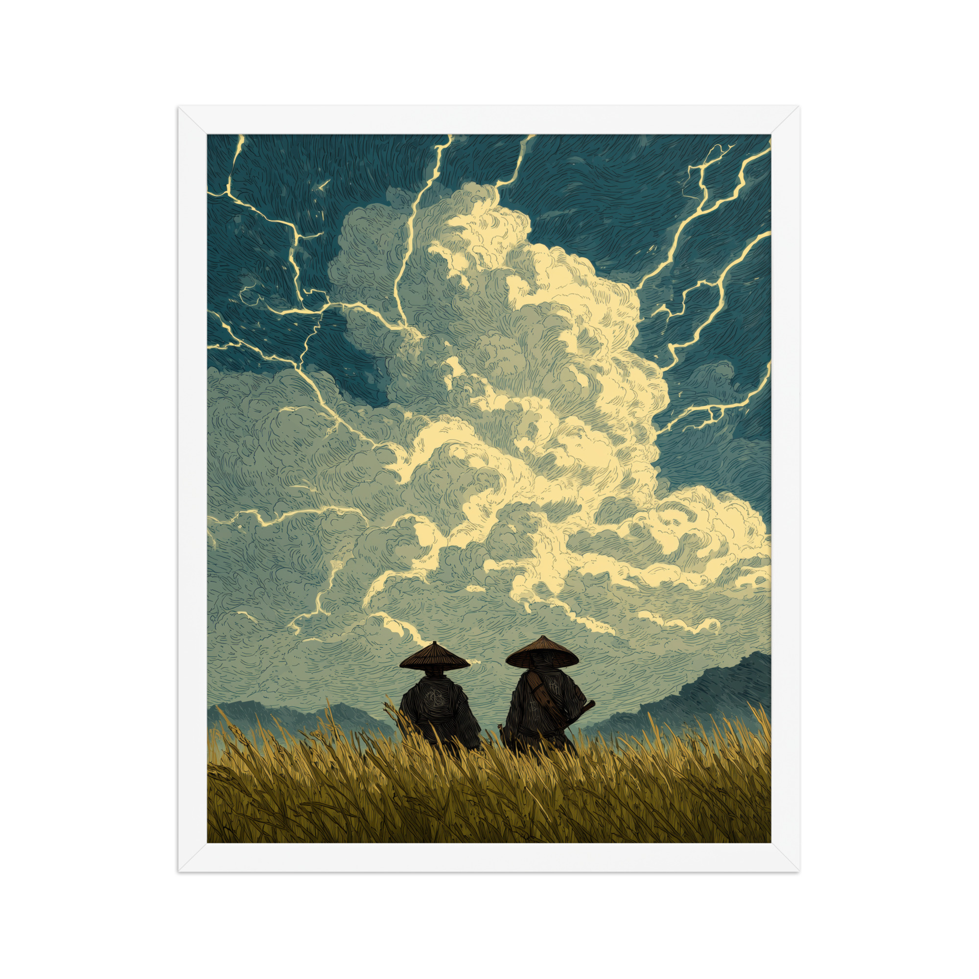 enhanced-matte-paper-framed-poster-in-white-16x20-front-68f9f1a39d5dd.jpg Before the Storm – Ukiyo-e Samurai Watchers Landscape Wall Art – Framed Poster - Image 18