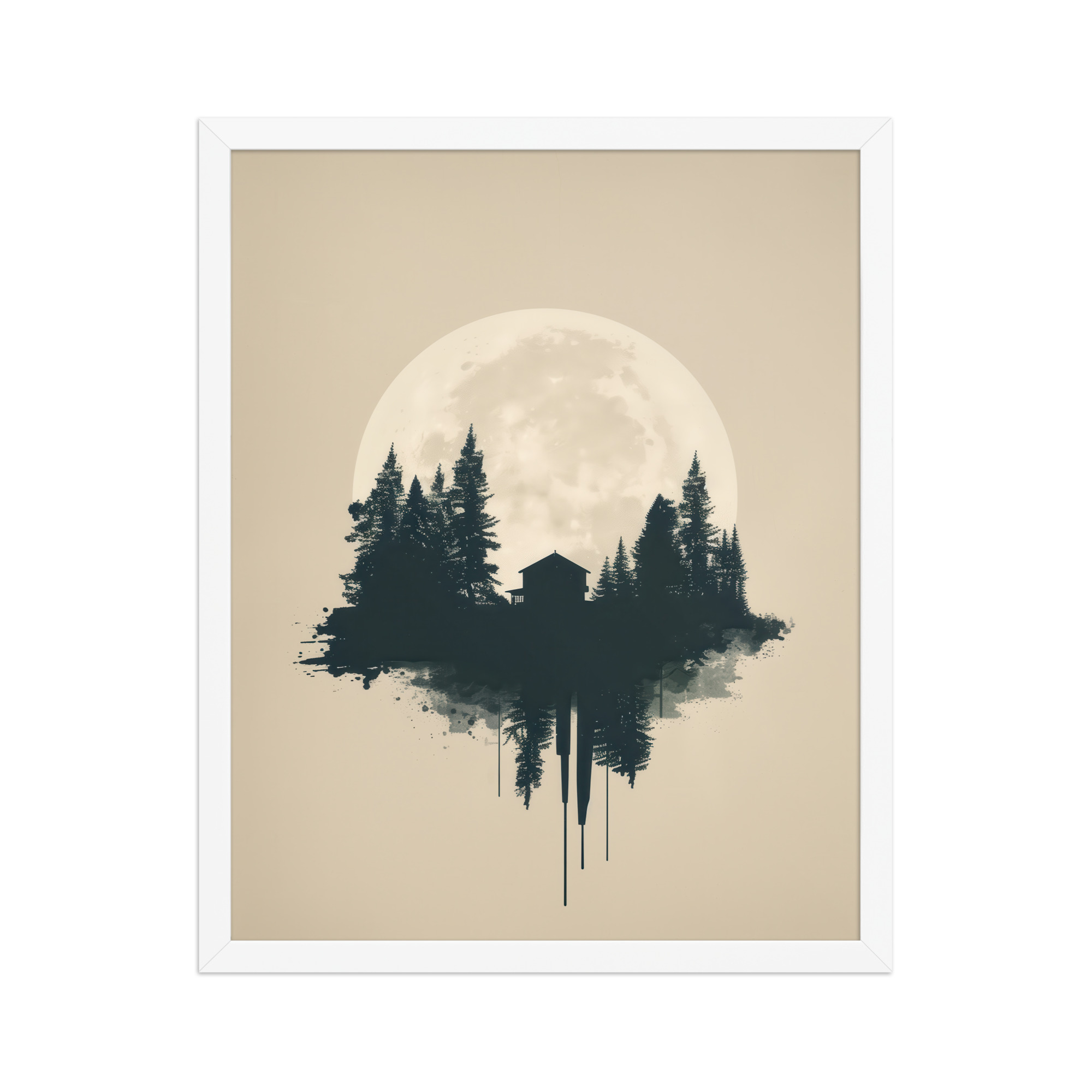 enhanced-matte-paper-framed-poster-in-white-16x20-front-68f9ff049af46.jpg Full Moon Shelter — Minimalistic Forest House Wall Decor — Framed Poster - Image 15