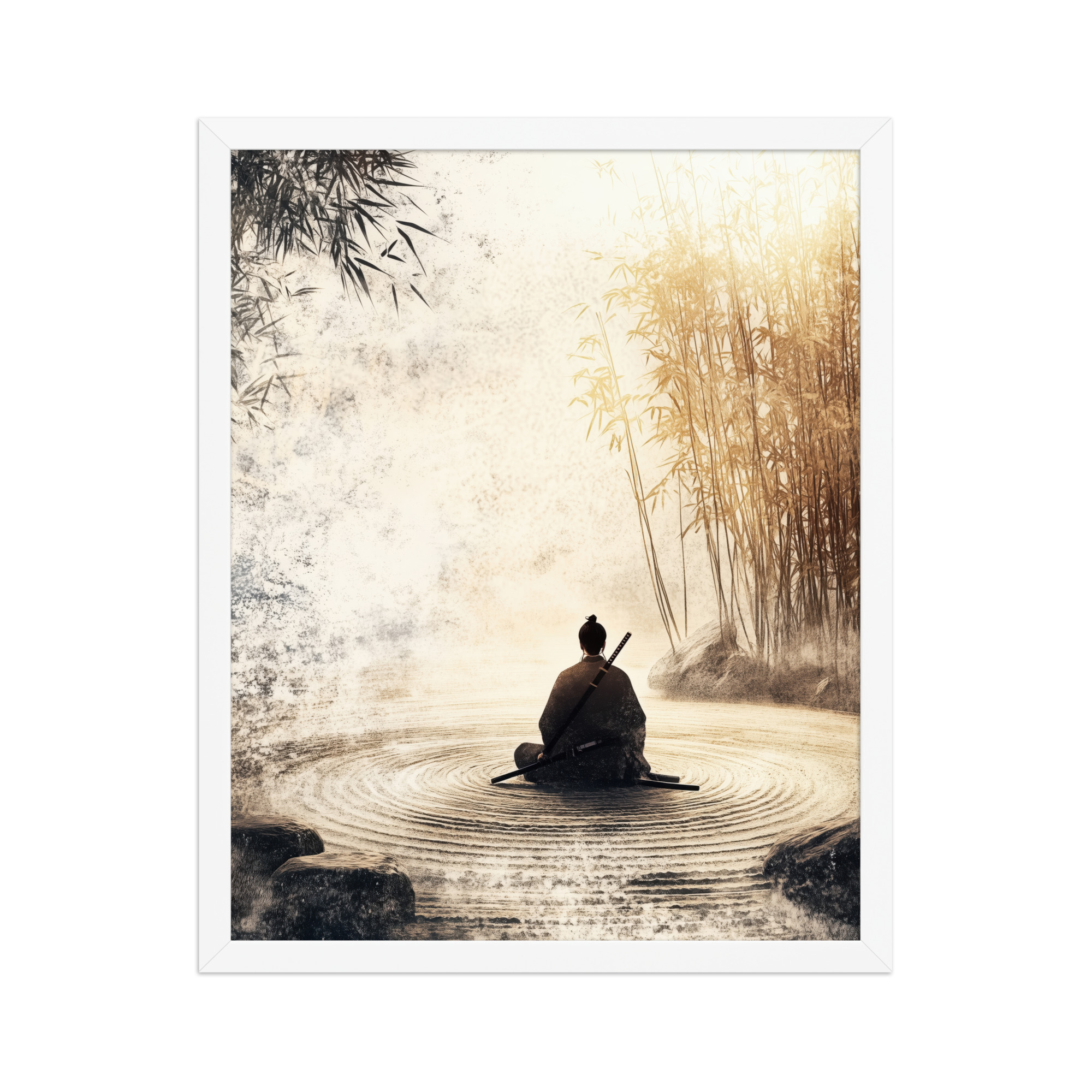 enhanced-matte-paper-framed-poster-in-white-16x20-front-68fa162ed2aa4.jpg Zen Samurai in Bamboo Light – Neutral Sumi-e Ink Samurai Meditation Wall Art – Framed Poster - Image 15