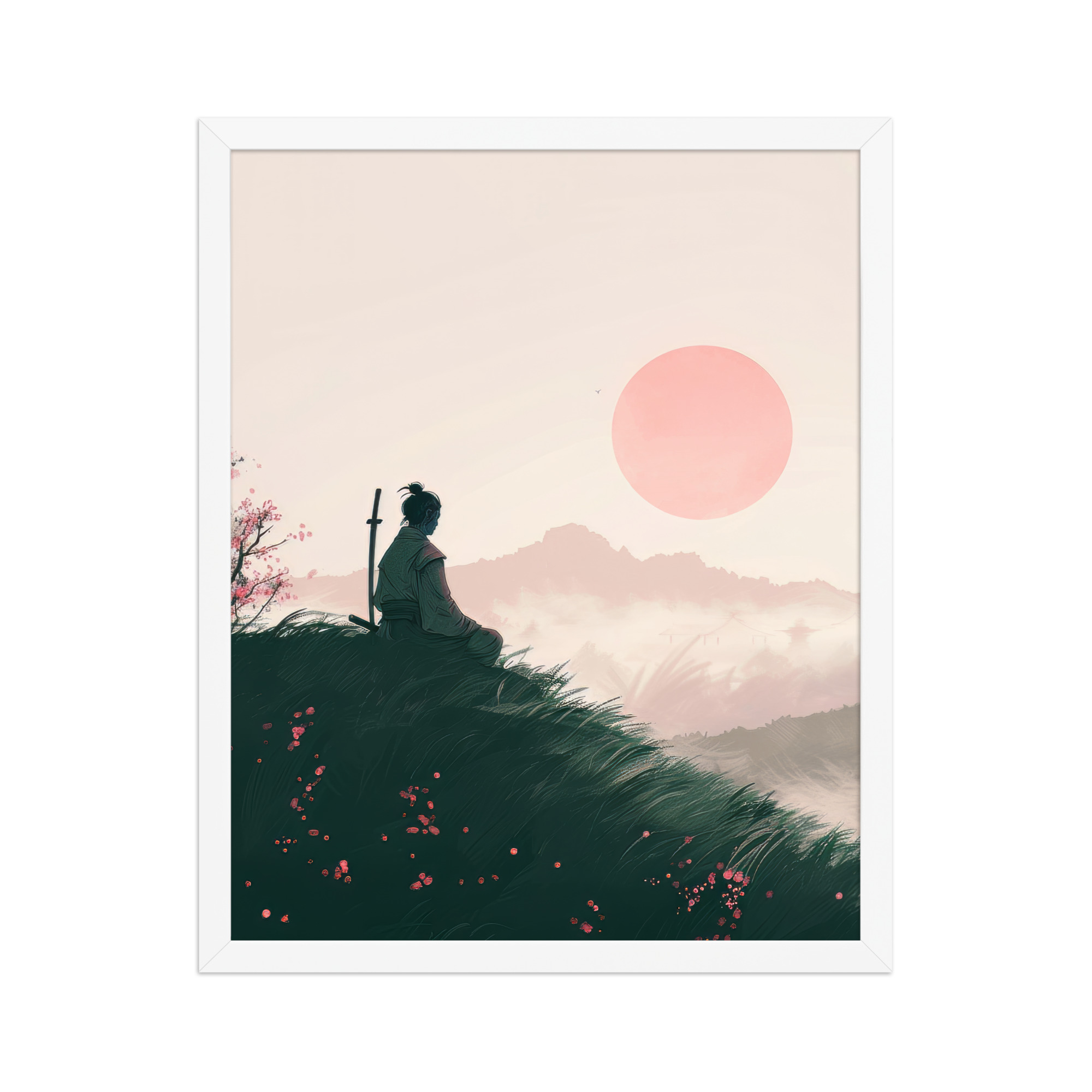 enhanced-matte-paper-framed-poster-in-white-16x20-front-68fa167397982.jpg Samurai at Dawn – Pink Sun Over Hills Quiet Strength at Daybreak Wall Decor – Framed Poster - Image 18