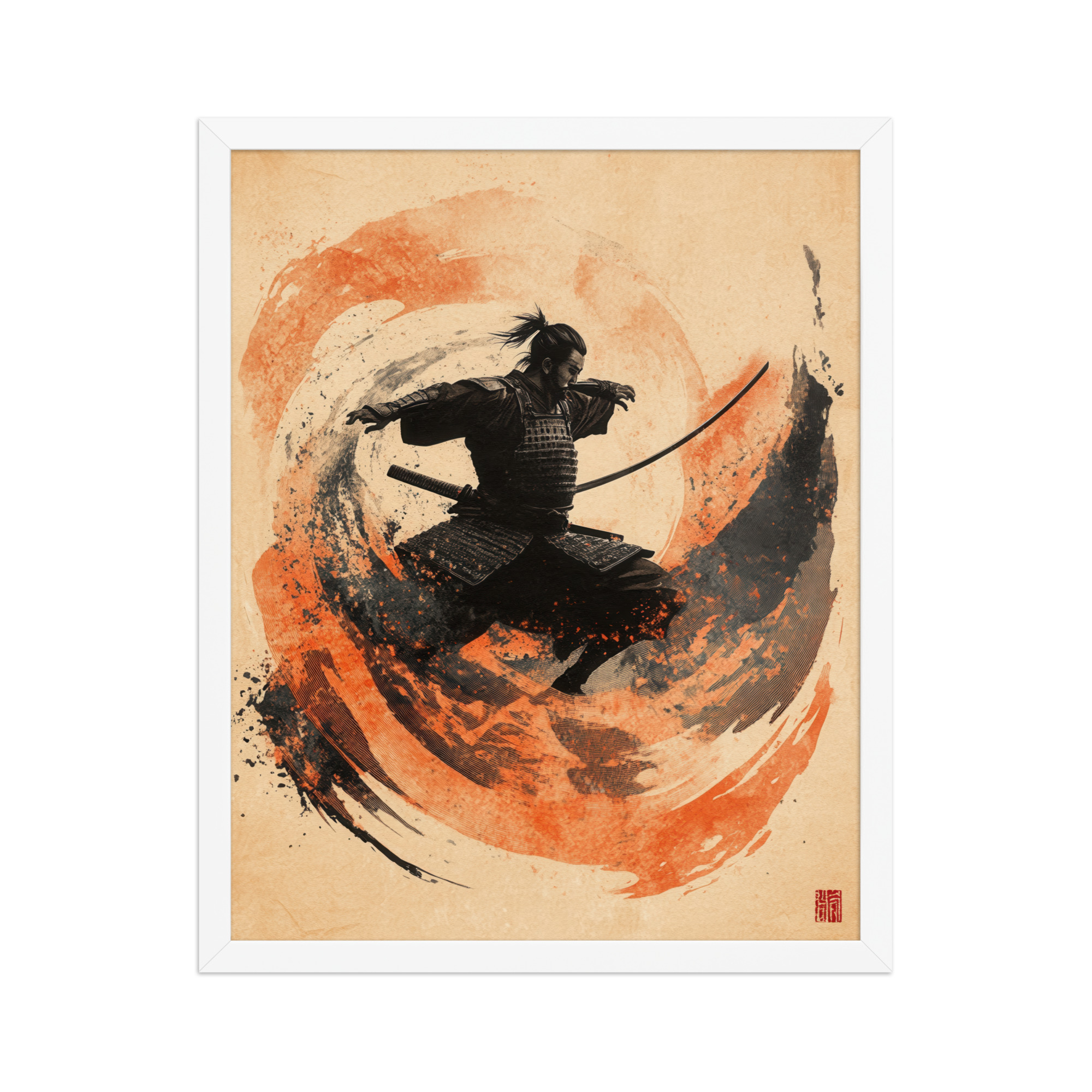 enhanced-matte-paper-framed-poster-in-white-16x20-front-68fa2225eb9c4.jpg Samurai Swirl – Brush-Stroke Motion and Warrior Focus Wall Decor – Framed Poster - Image 9