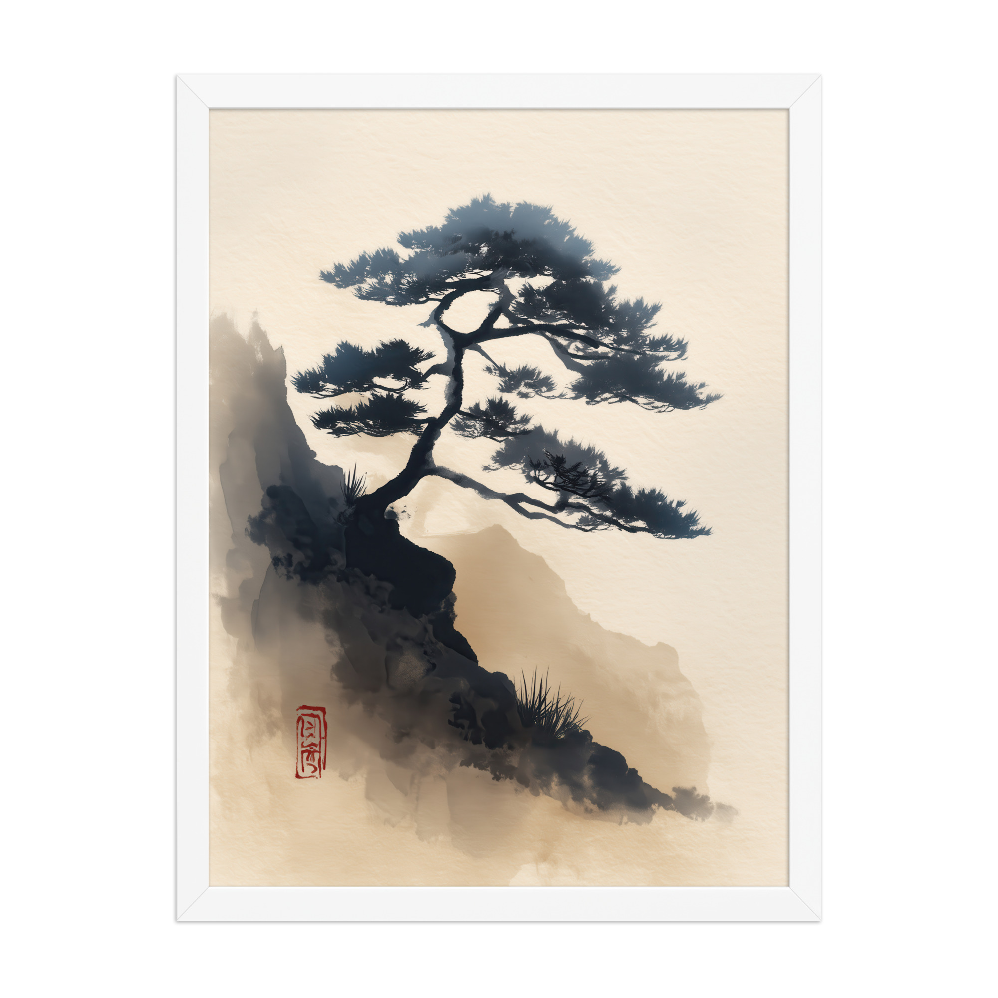 enhanced-matte-paper-framed-poster-in-white-18x24-front-68f87d0d3cc5c.jpg Mountain Pine in Soft Ink — Sumi-e Japanese Landscape Wall Decor — Framed Poster - Image 19