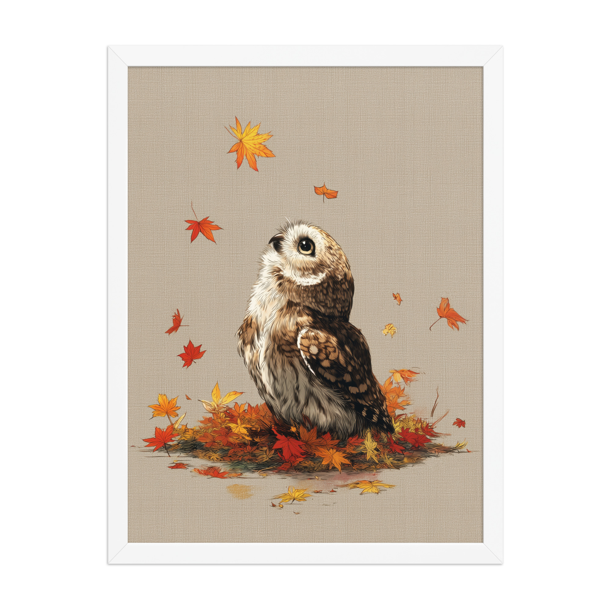 enhanced-matte-paper-framed-poster-in-white-18x24-front-68f89a1ad8cb8.jpg Autumn Gaze Owl — Owl Illustration with Falling Leaves Wall Art — Framed Poster - Image 15