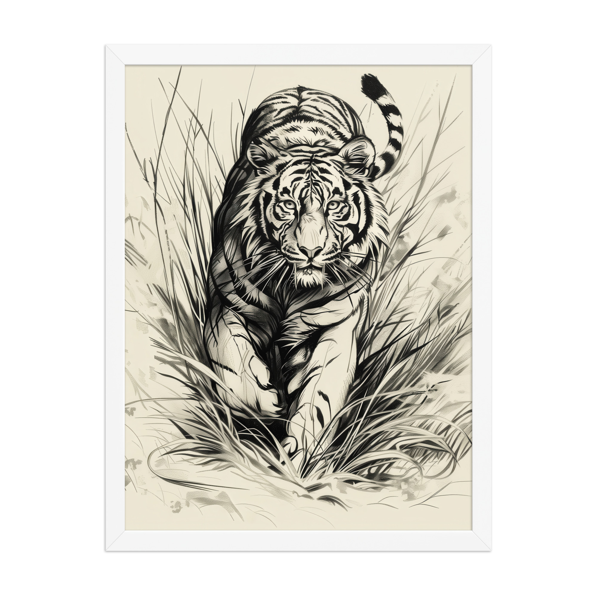 enhanced-matte-paper-framed-poster-in-white-18x24-front-68f89b4893d49.jpg Tiger in Brush — Monochrome Ink Bengal Tiger Wall Art — Framed Poster - Image 10