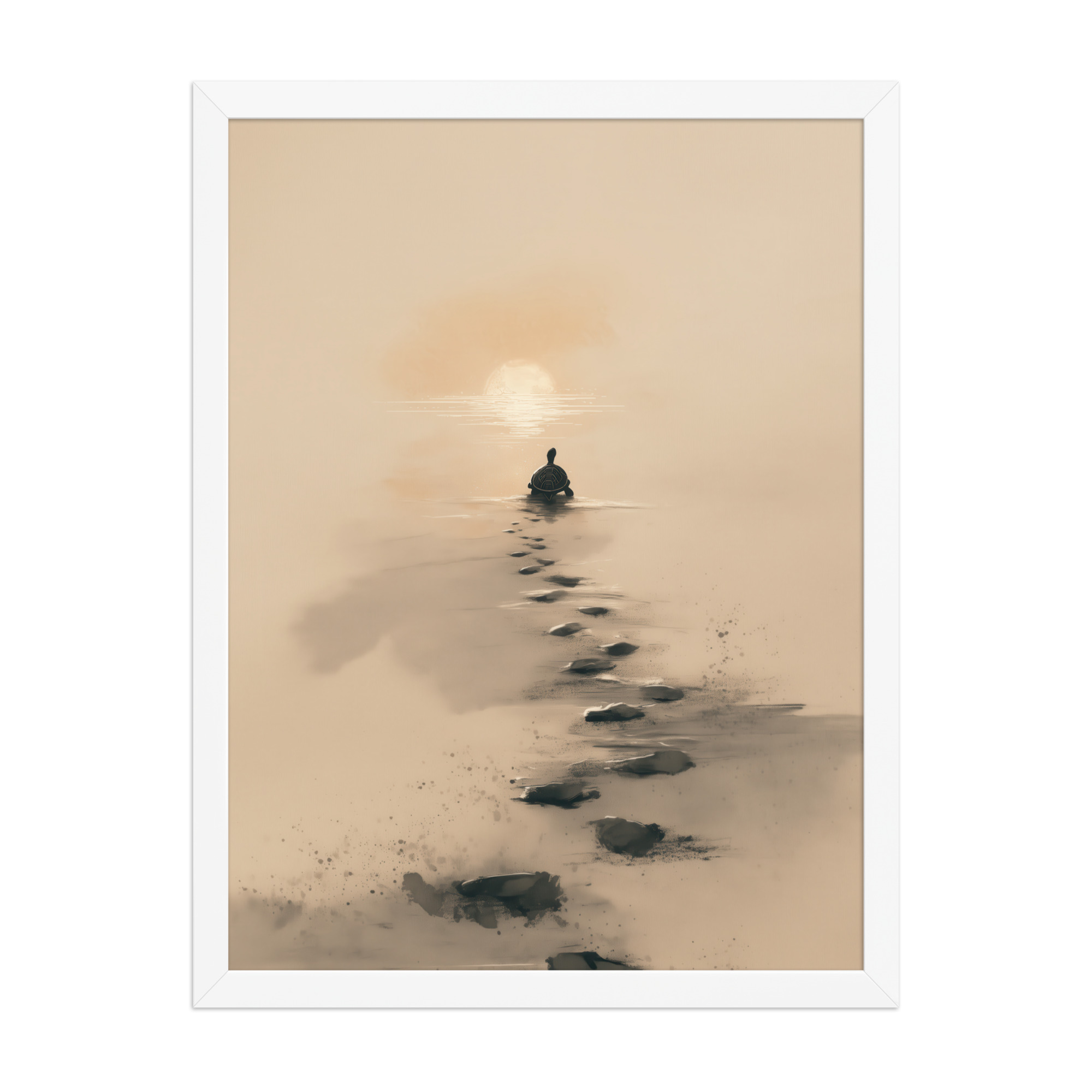 enhanced-matte-paper-framed-poster-in-white-18x24-front-68f8a9c685eb4.jpg Turtle Sunset Path — Minimalist Japandi Turtle with Footprints Beach Sunset Wall Decor — Framed Poster - Image 22