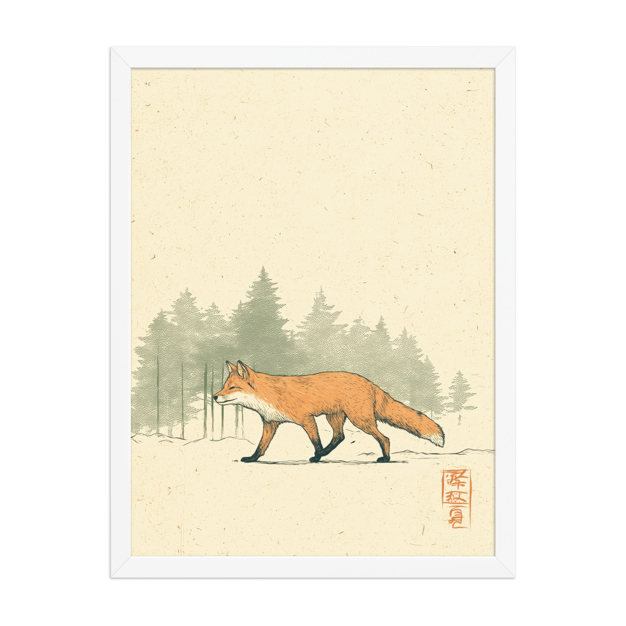 enhanced-matte-paper-framed-poster-in-white-18x24-front-68f9031fd073e.jpg Fox in Pines — Red Fox Illustration on Textured Paper Wall Decor — Framed Poster - Image 22
