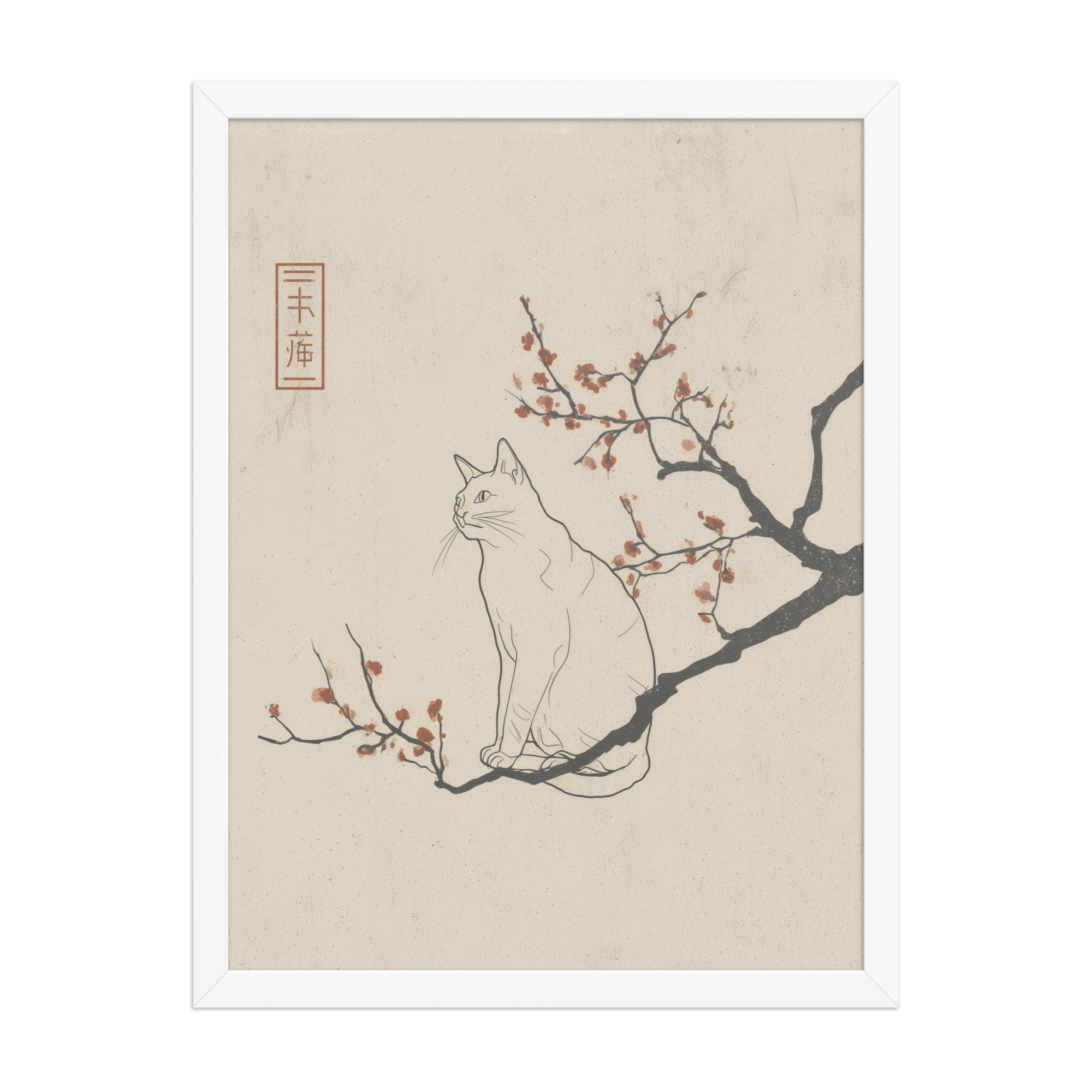 enhanced-matte-paper-framed-poster-in-white-18x24-front-68f906824a083.jpg Cat with Blossoms — Minimalist Cat on Plum Branch Wall Art — Framed Poster - Image 19